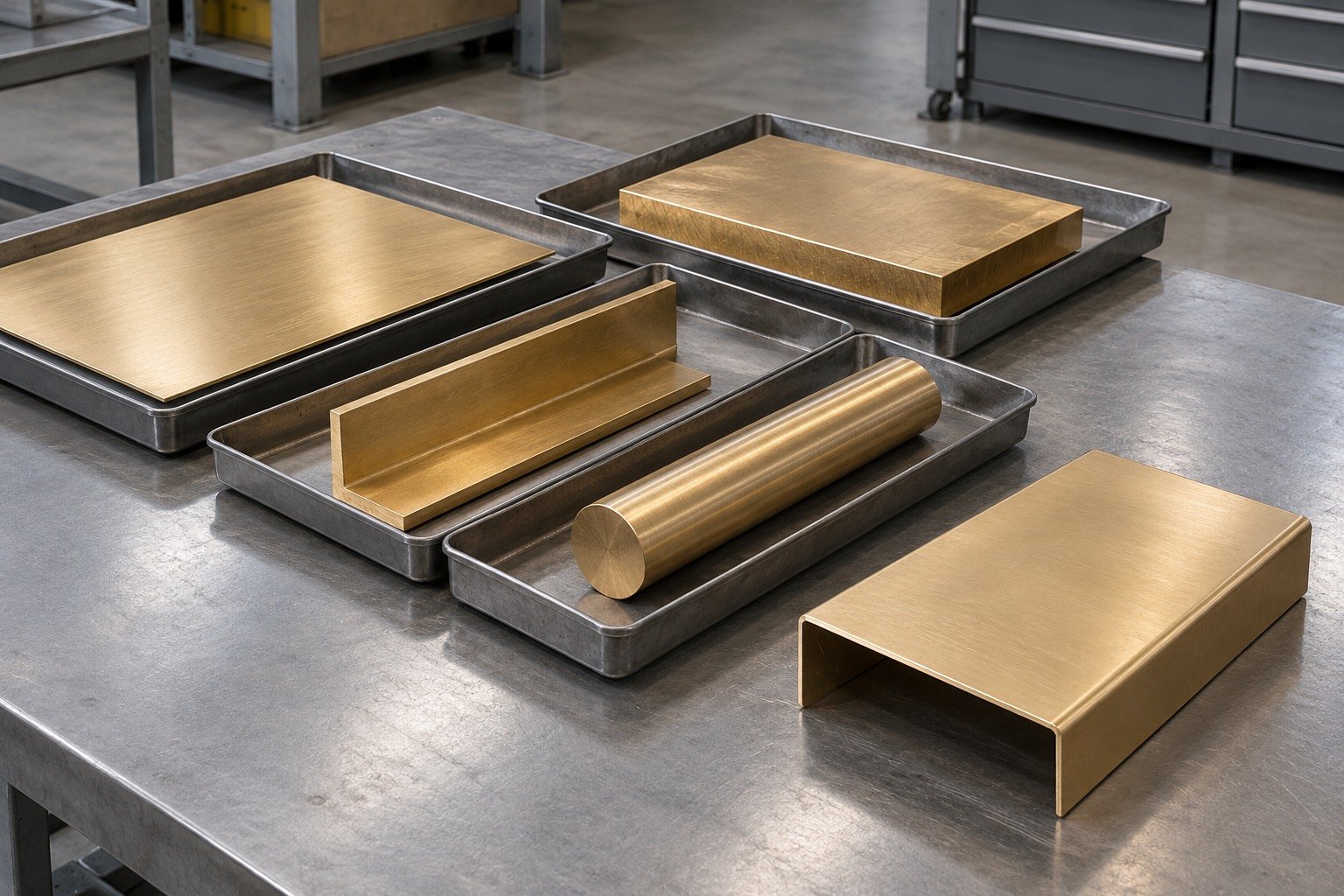 Separate brass sheet, plate, angle and round stock for material selection — illustrative generated component concept