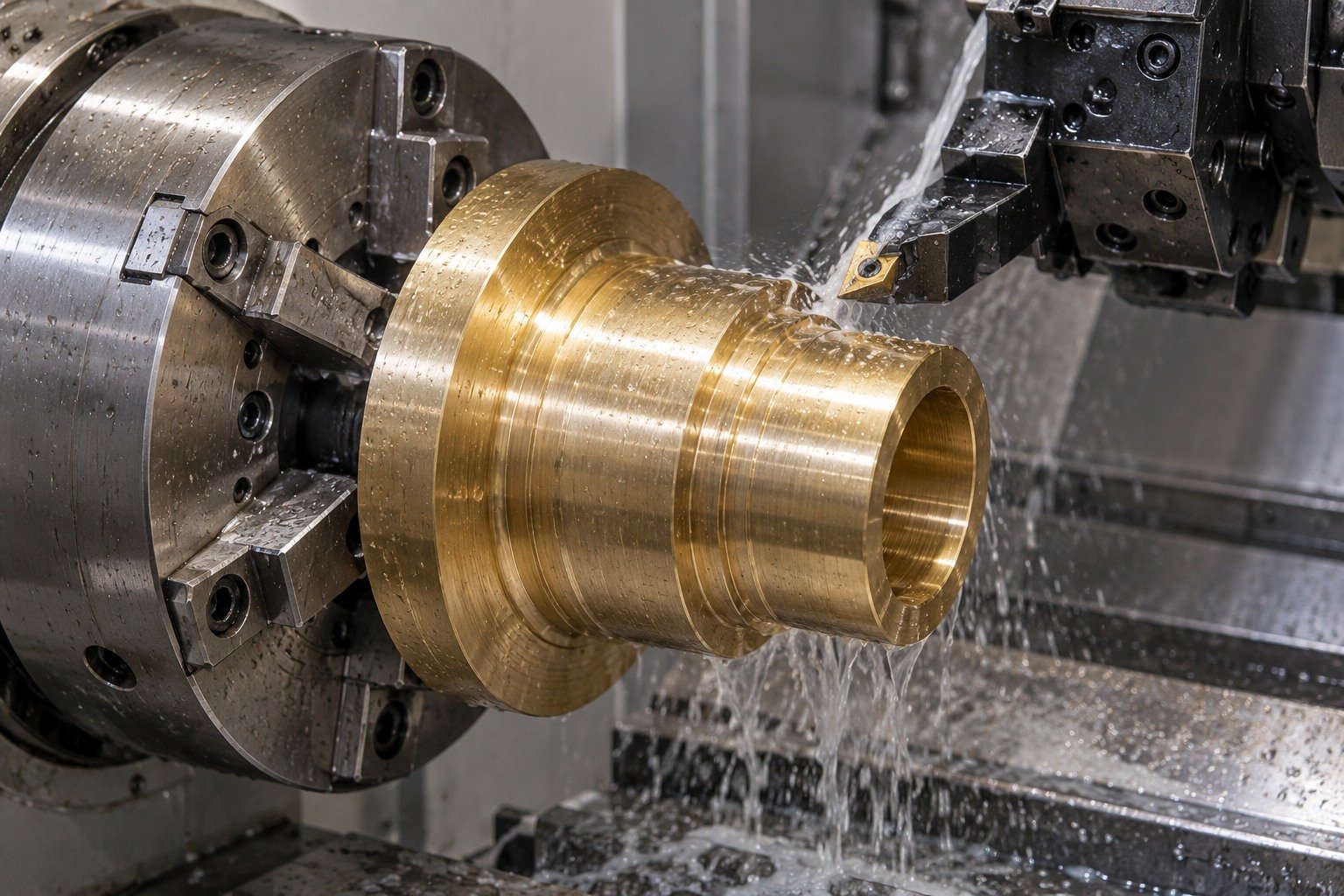 Wet turning of a brass sleeve shoulder — illustrative generated component concept