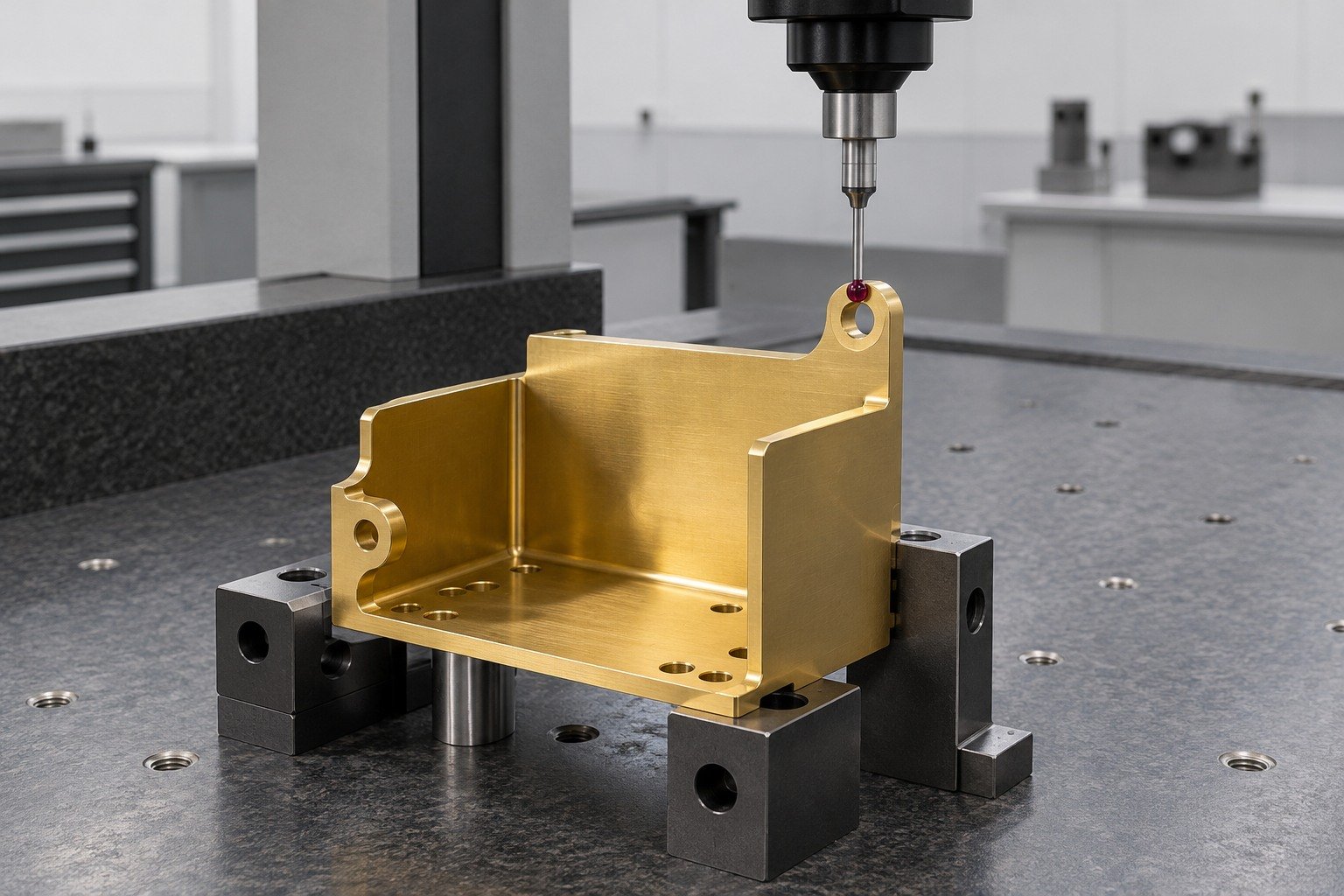 Brass shield-cover datum inspection — illustrative generated component concept