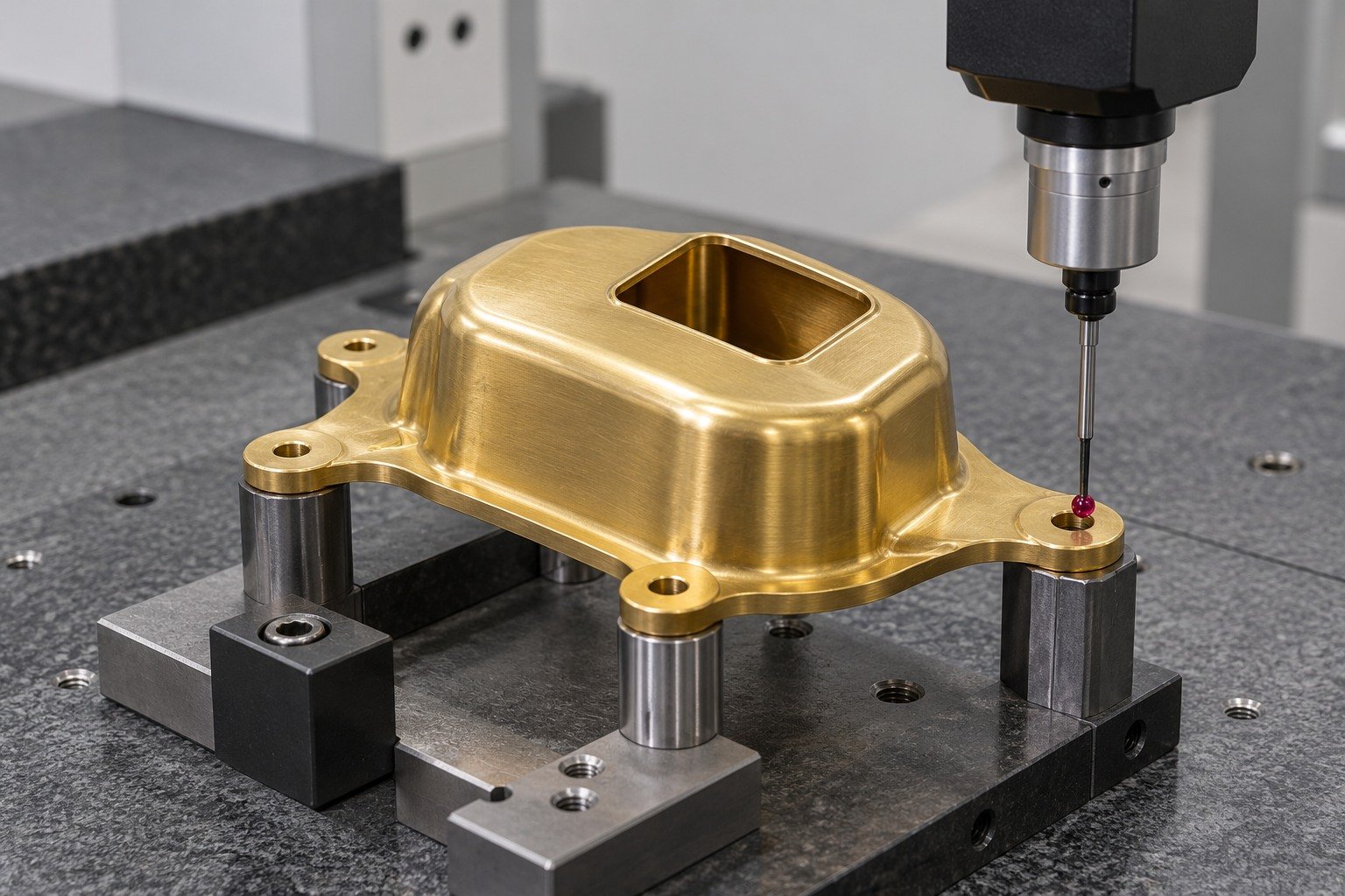 Final locating-datum check of a brass cover — illustrative generated component concept