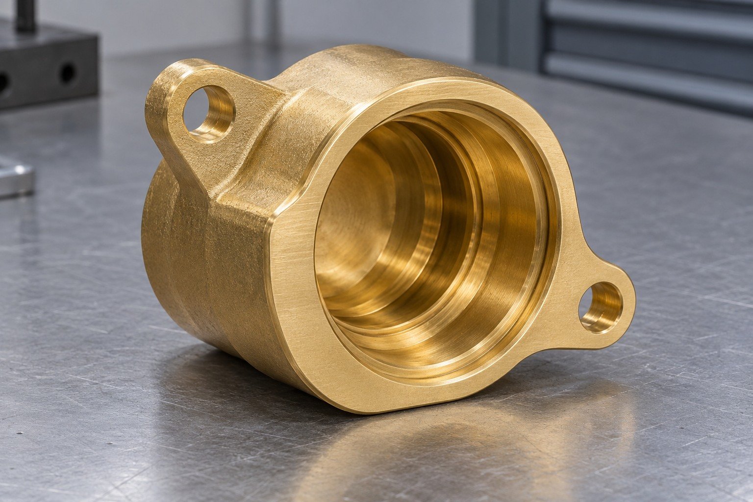 Brass shield opening and mounting-edge detail — illustrative generated component concept