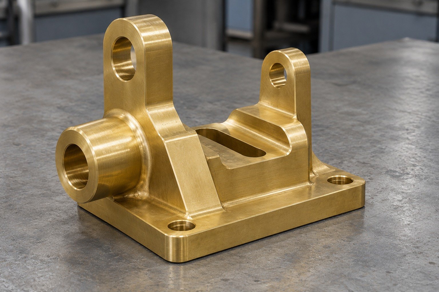 Illustrative brass stepped mounting yoke with unequal ears and offset boss
