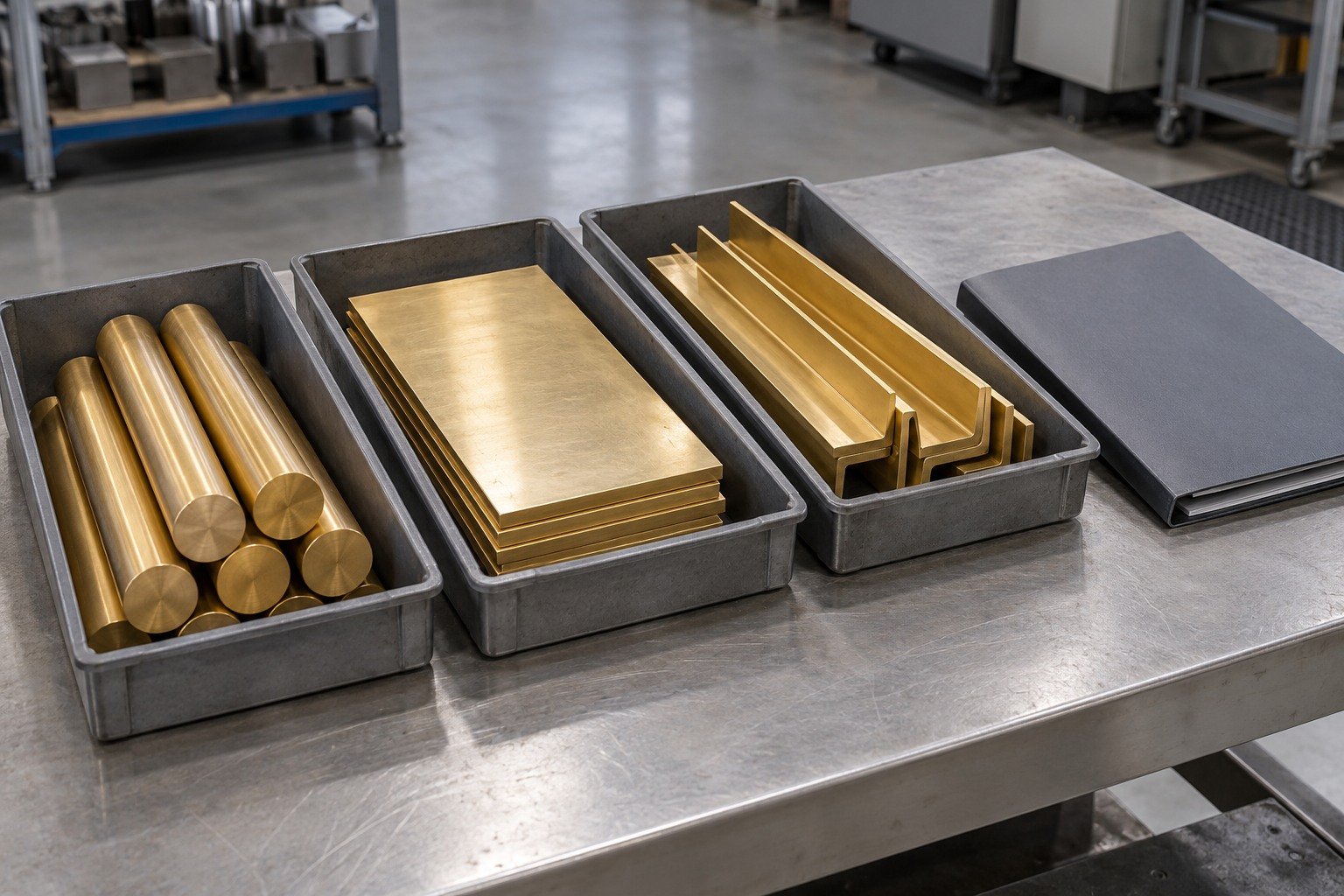 Brass round, plate and angle stock in separate receiving trays — illustrative generated component concept