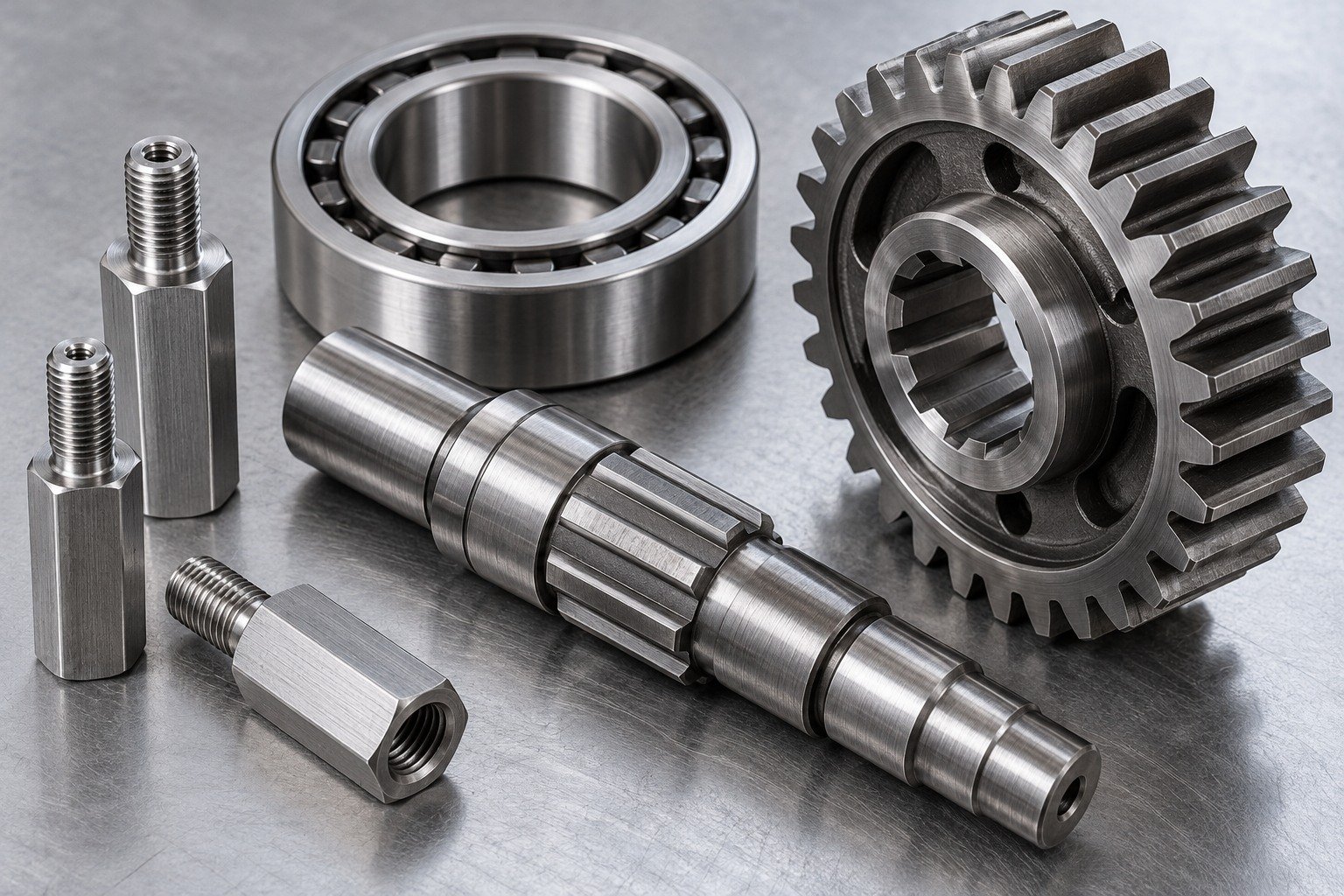 threaded standoffs, keyed shaft, bearing ring and carburizing gear — illustrative component concept