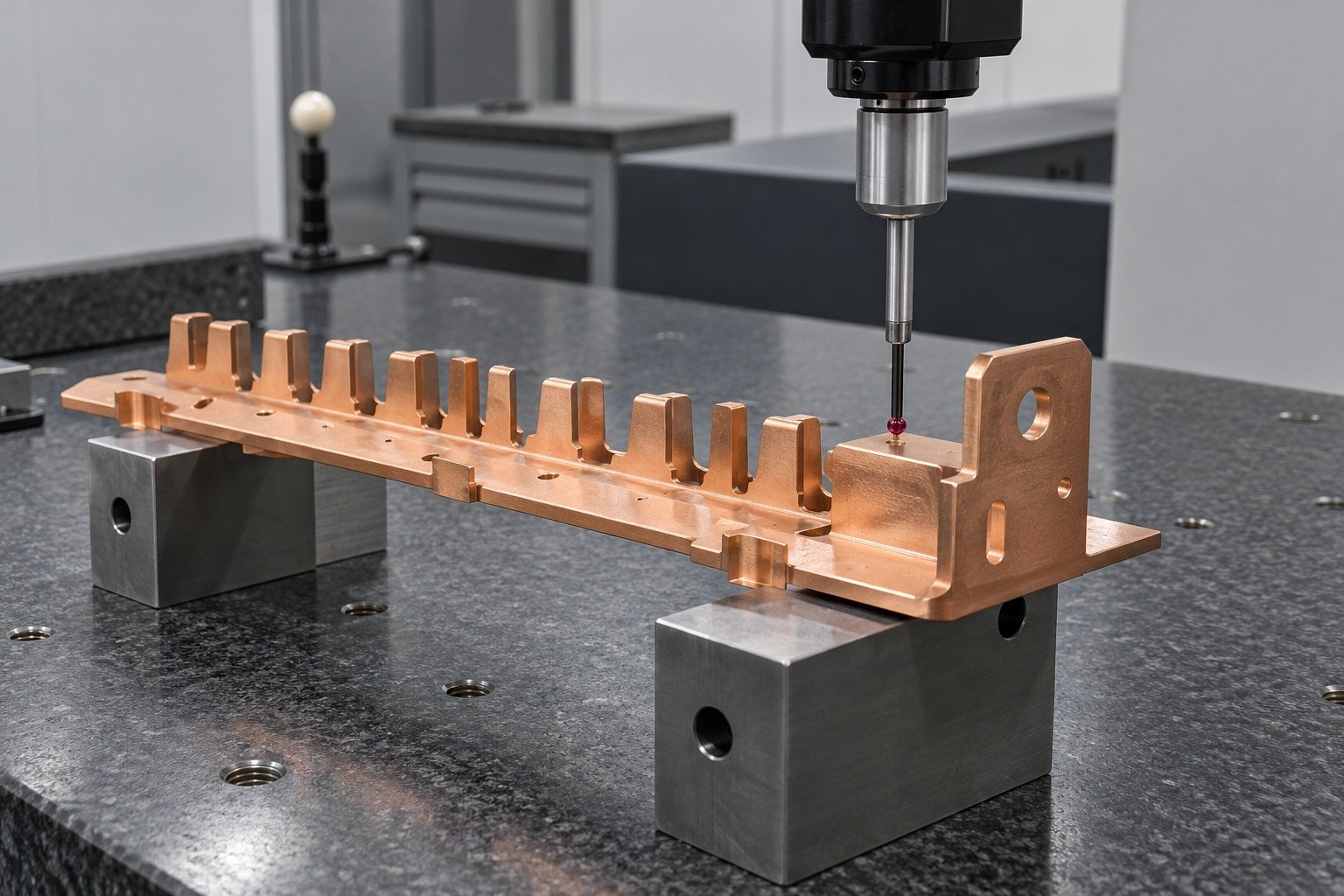 Dimensional inspection of a copper contact rail mounting datum — illustrative generated component concept