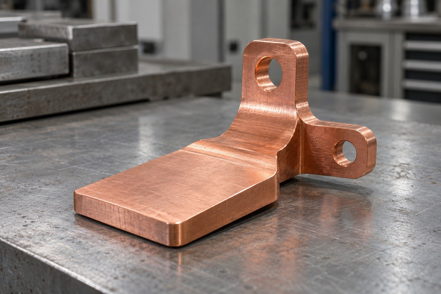 Clean copper working pad with accepted machining lines — illustrative generated component concept