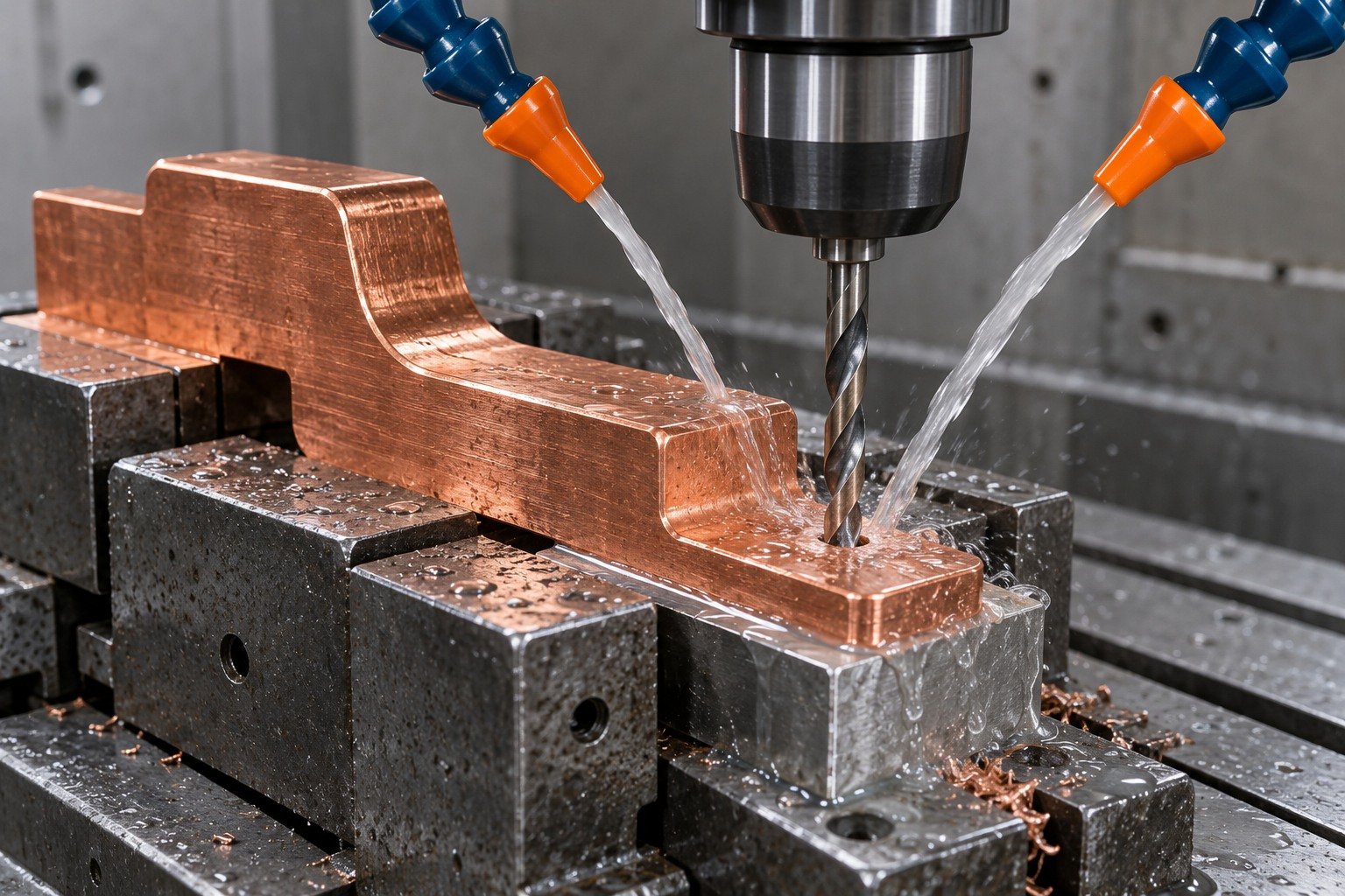Two-flute drilling of a supported copper contact foot — illustrative generated component concept