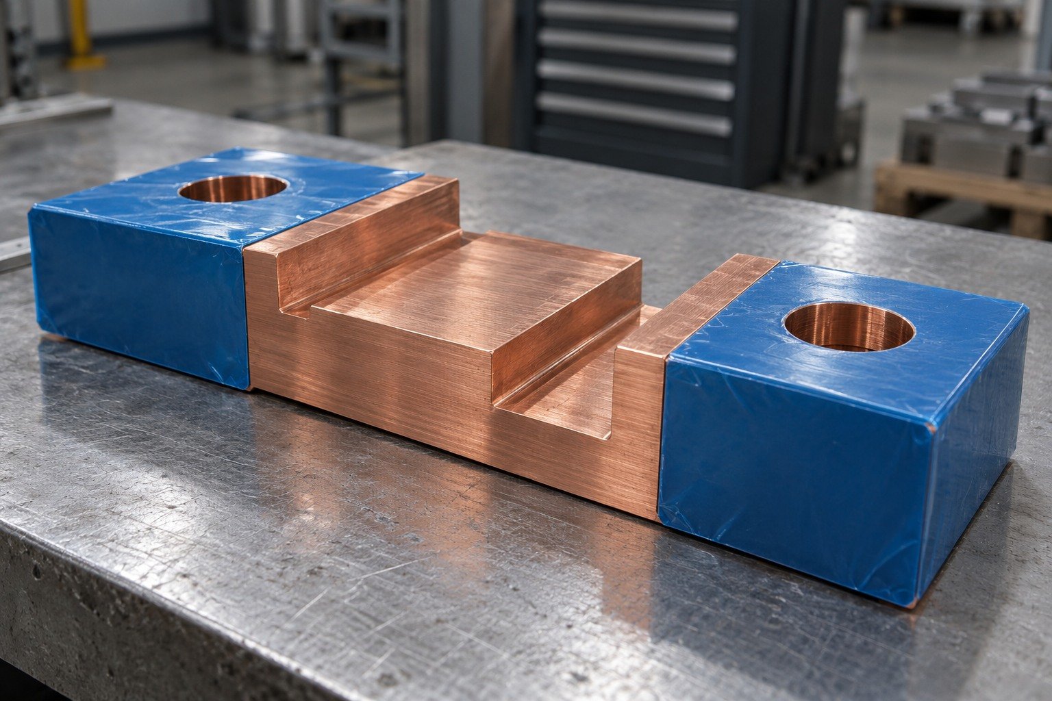 Copper contact lands and protected handling faces — illustrative generated component concept