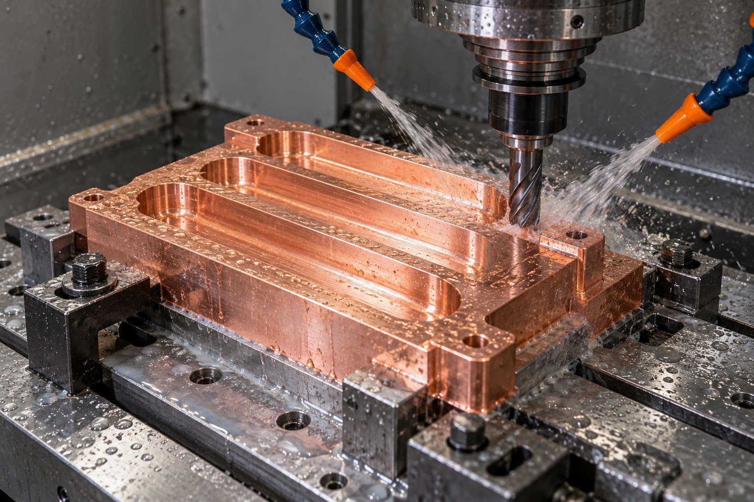 Supported wet milling of a copper cooling-insert pad — illustrative generated component concept