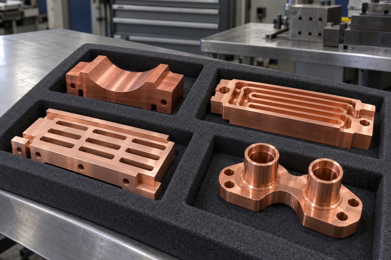Distinct copper component concepts in separate protective pockets — illustrative generated component concept