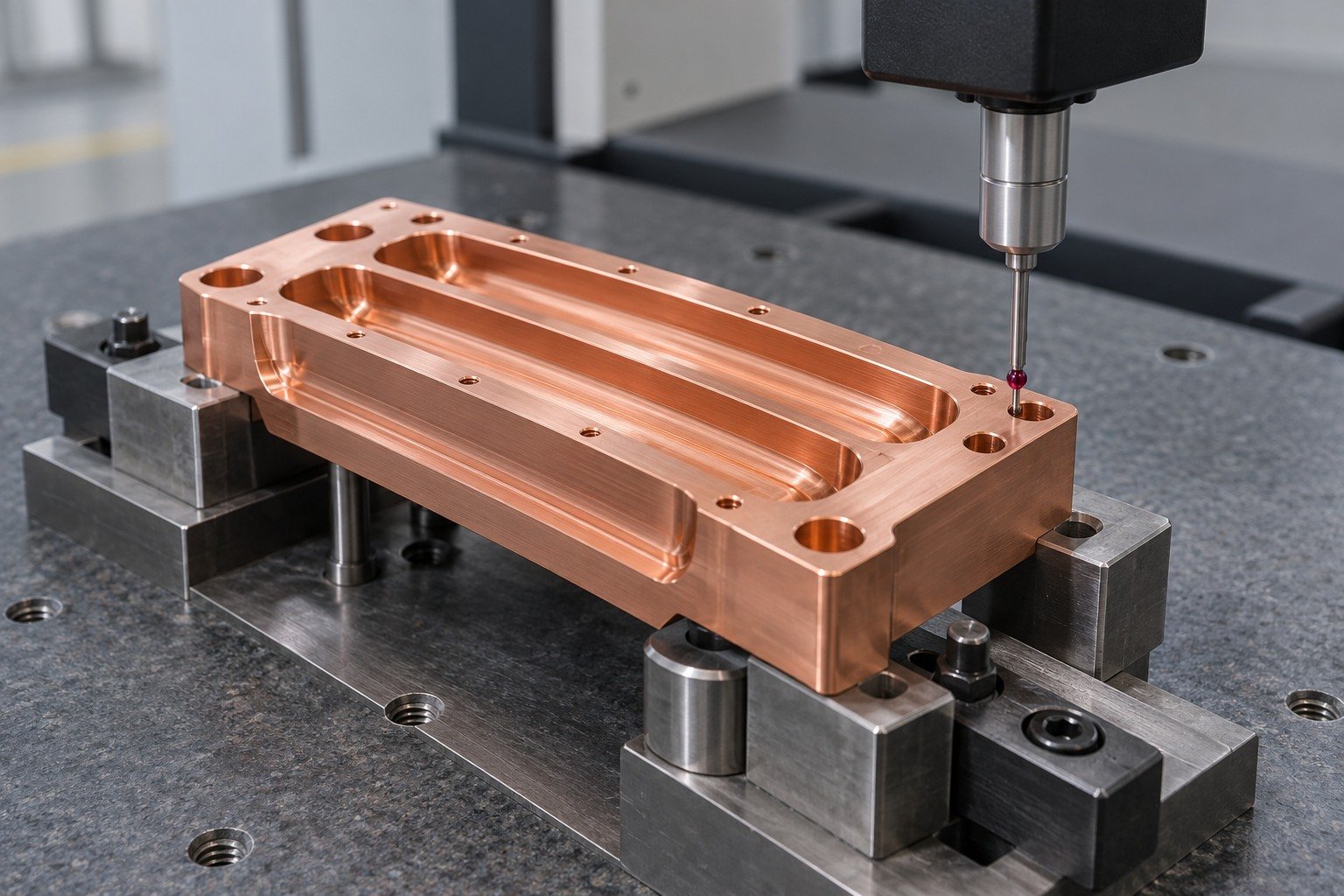 First-sample dimensional check of a copper cooling insert — illustrative generated component concept