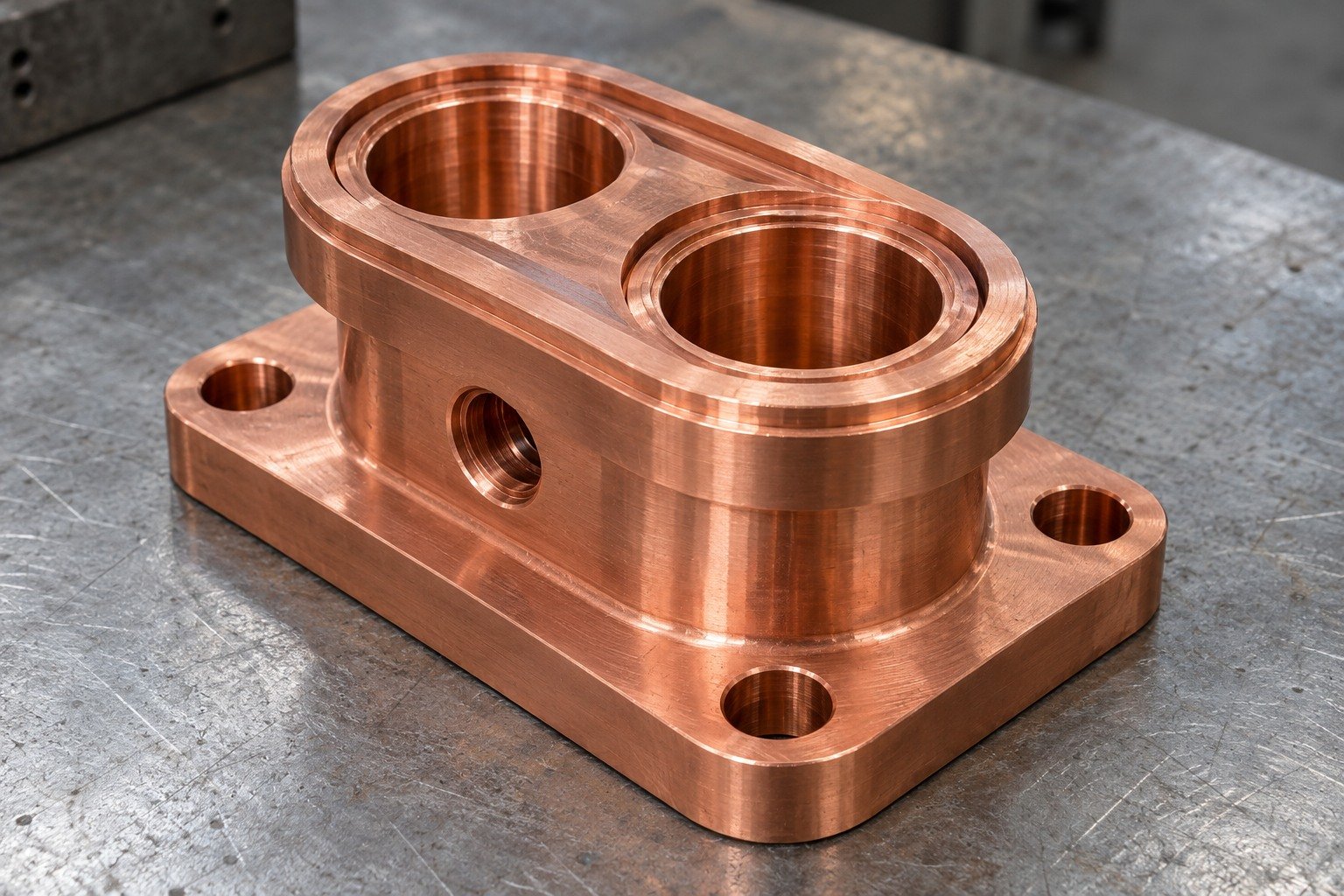 Copper flange port and internal-edge access — illustrative generated component concept