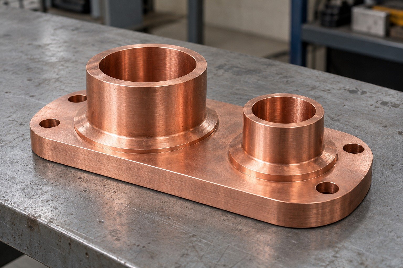 Red-copper stepped oblong two-port flange with unequal neck heights, broad annular mating lands and four mounting holes, one-piece illustrative component without an actual brazed joint — illustrative generated component concept