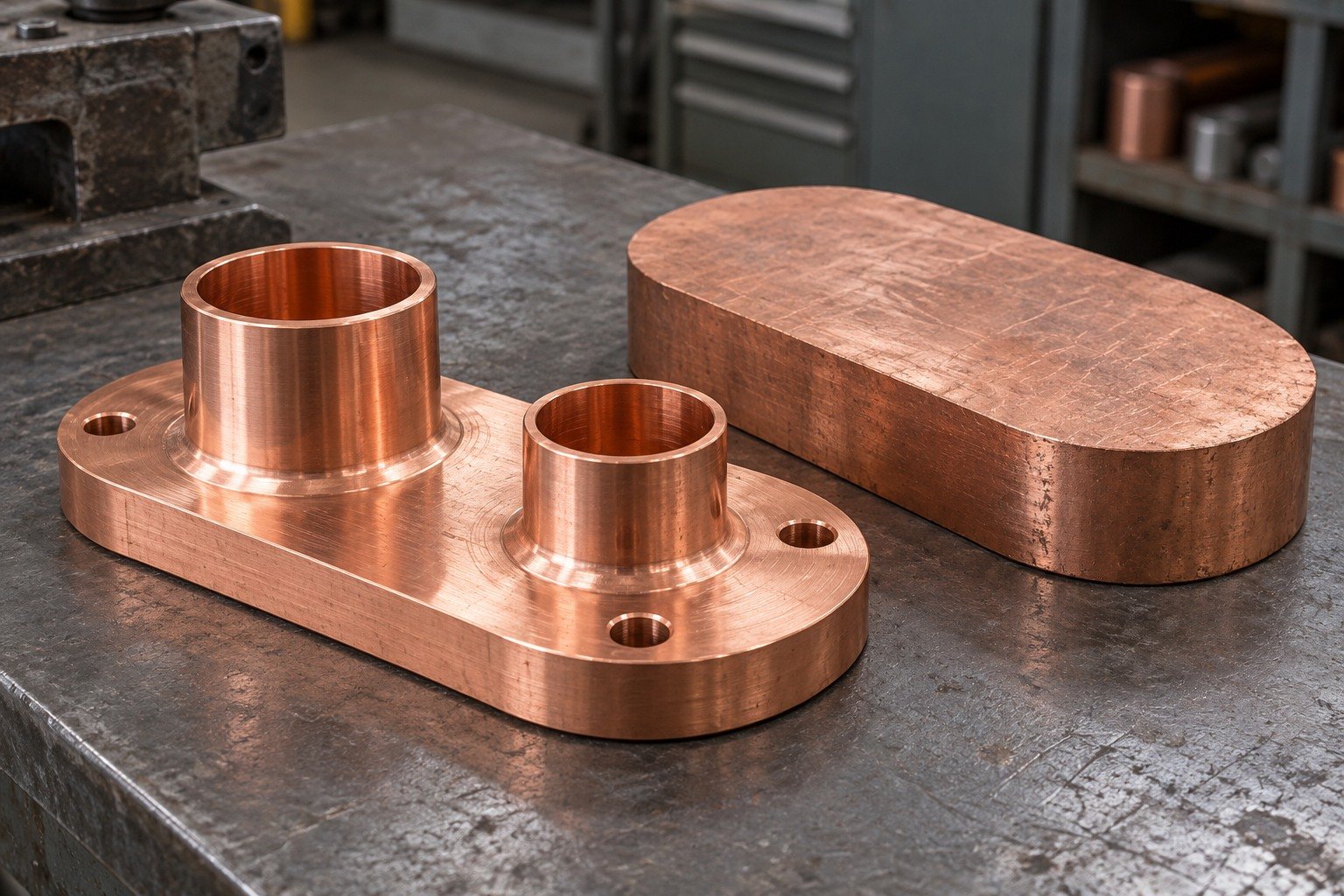 Copper brazed assembly flange and separate stock blank — illustrative generated component concept