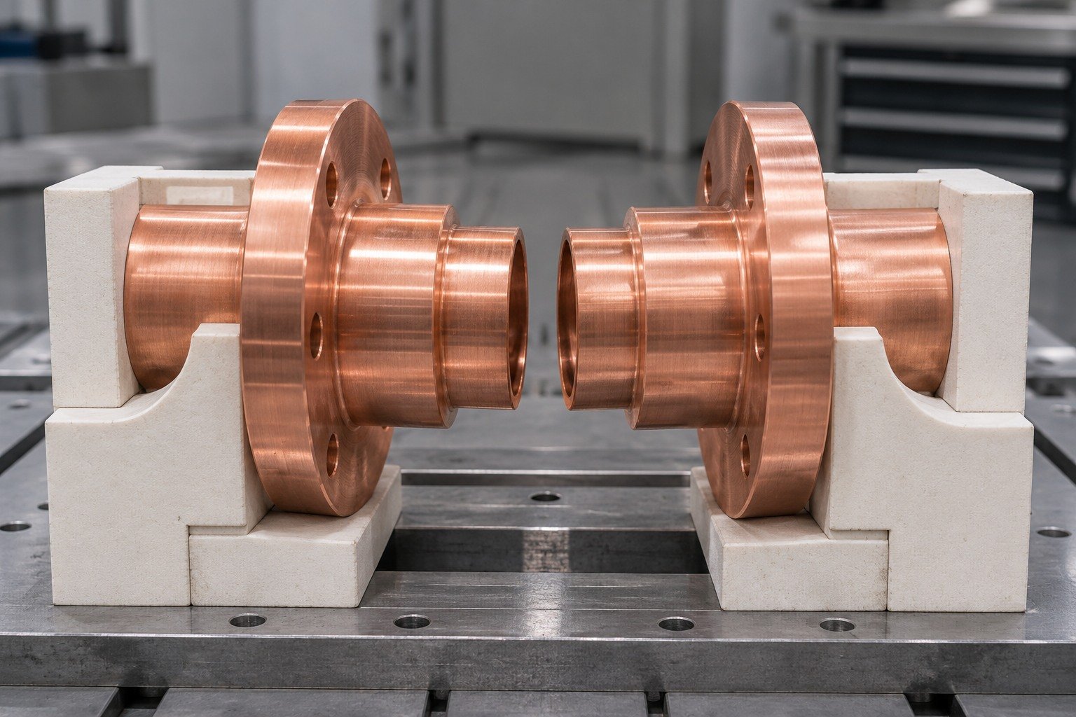 Separate copper flange pieces for joining-route review — illustrative generated component concept