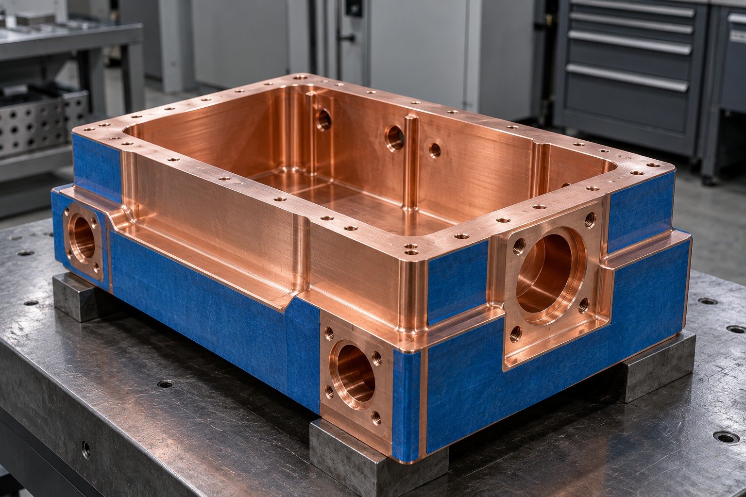 Selected masking on a copper mounting housing — illustrative generated component concept