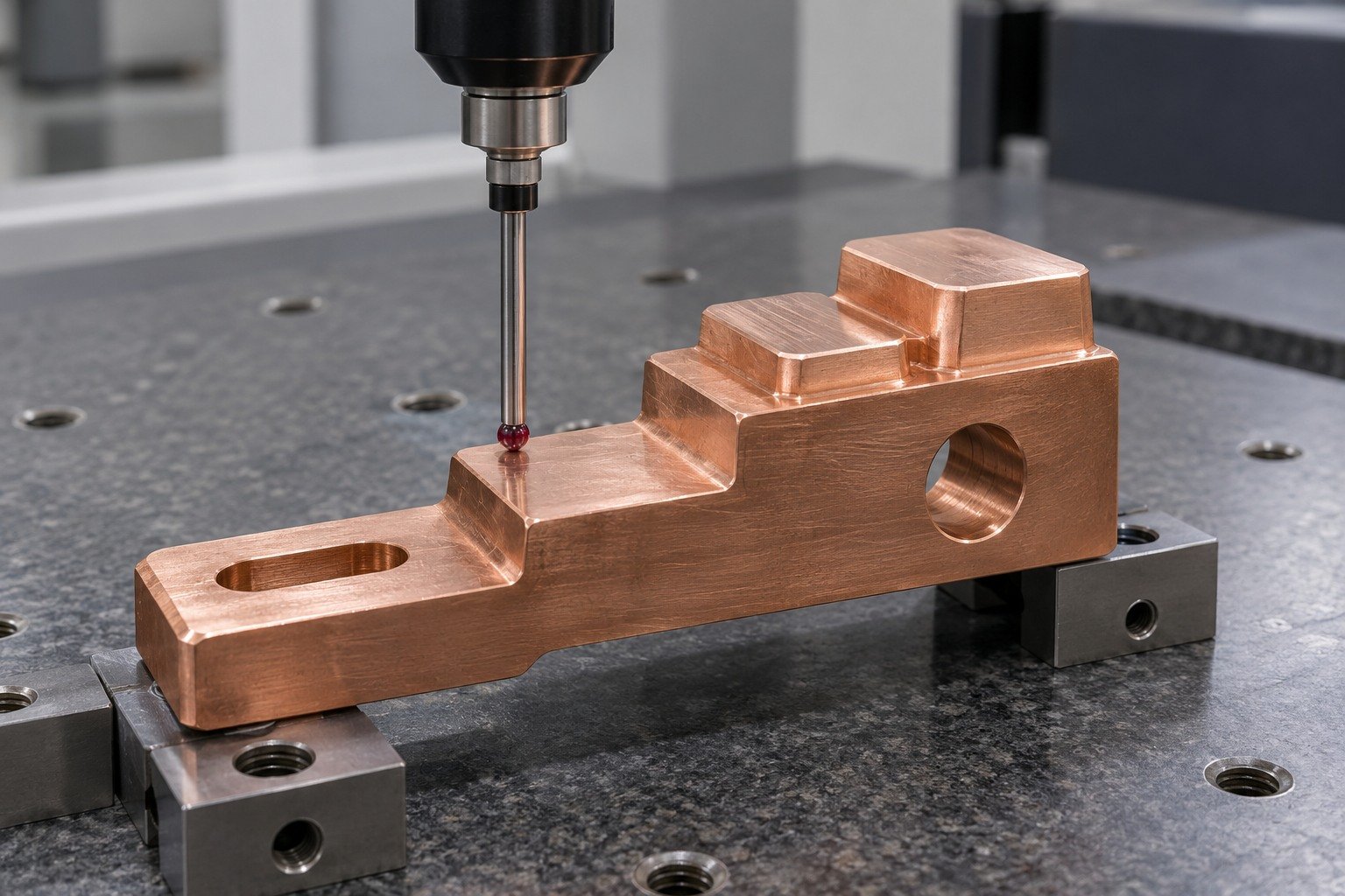 Datum inspection of a copper offset contact shoe — illustrative generated component concept