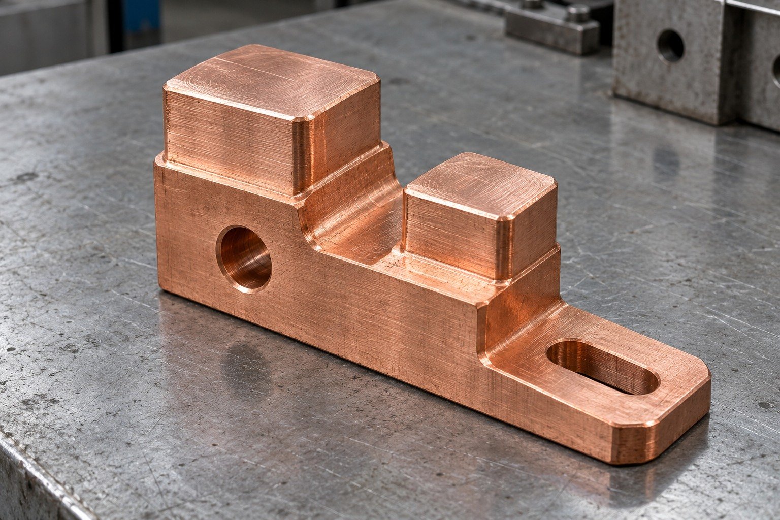 Red-copper thick stepped electrical contact shoe with two unequal raised contact pads, offset slotted mounting foot and a transverse clamping hole — illustrative generated component concept