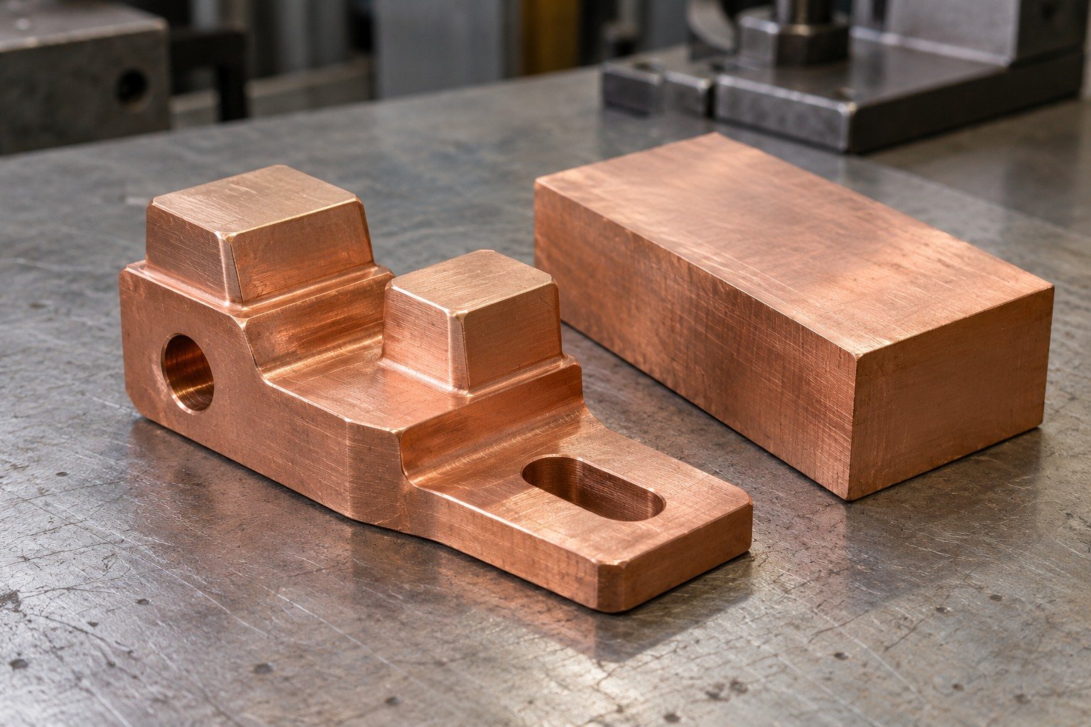 Copper offset contact shoe and separate stock blank — illustrative generated component concept