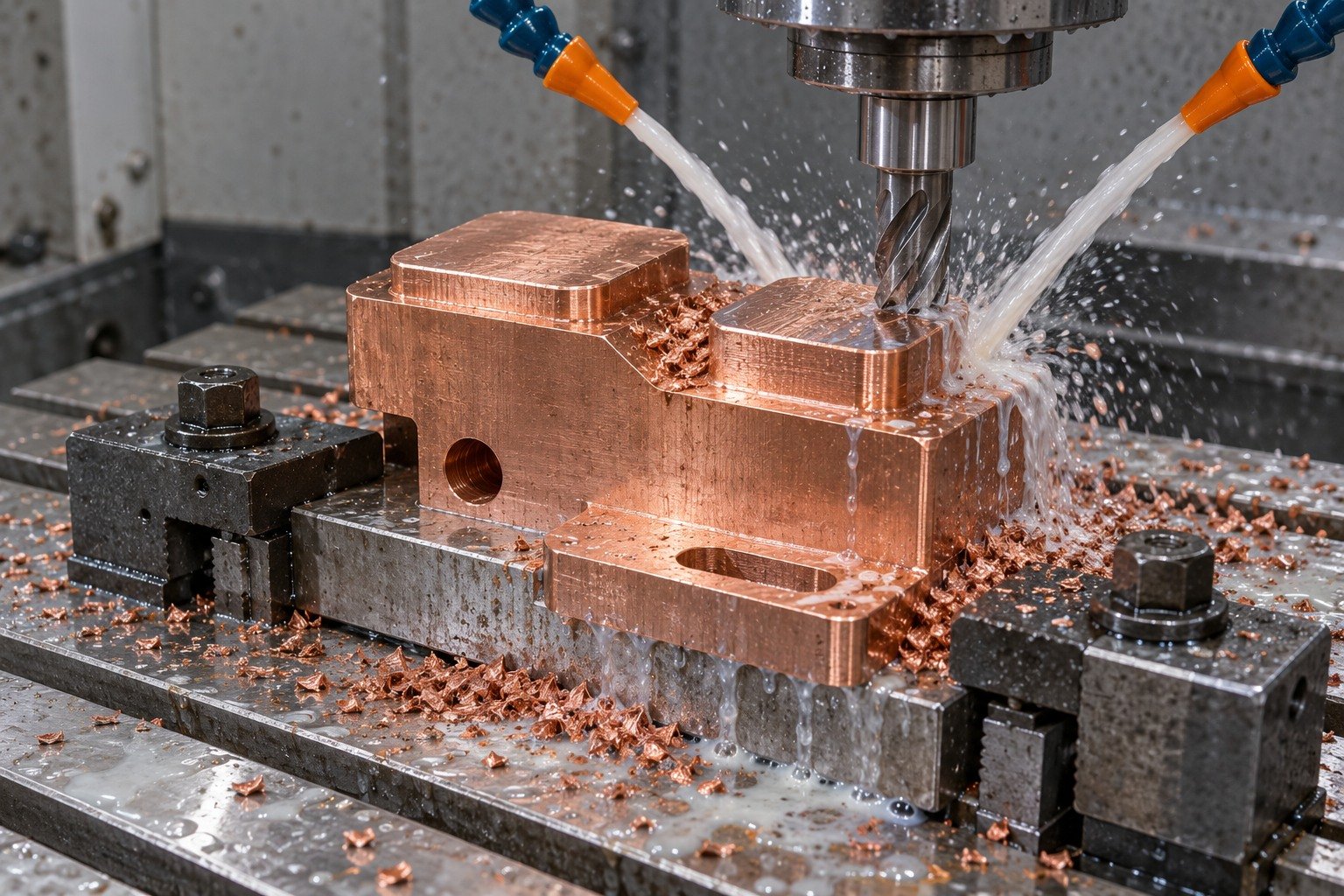 Supported wet machining of a copper offset contact shoe — illustrative generated component concept