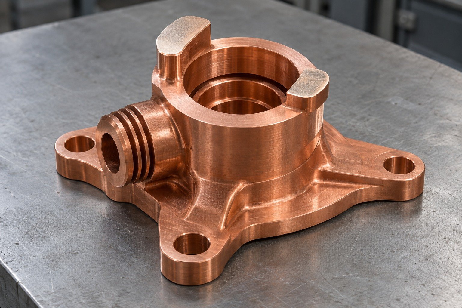 Illustrative copper contact housing with stepped ports and mounting feet