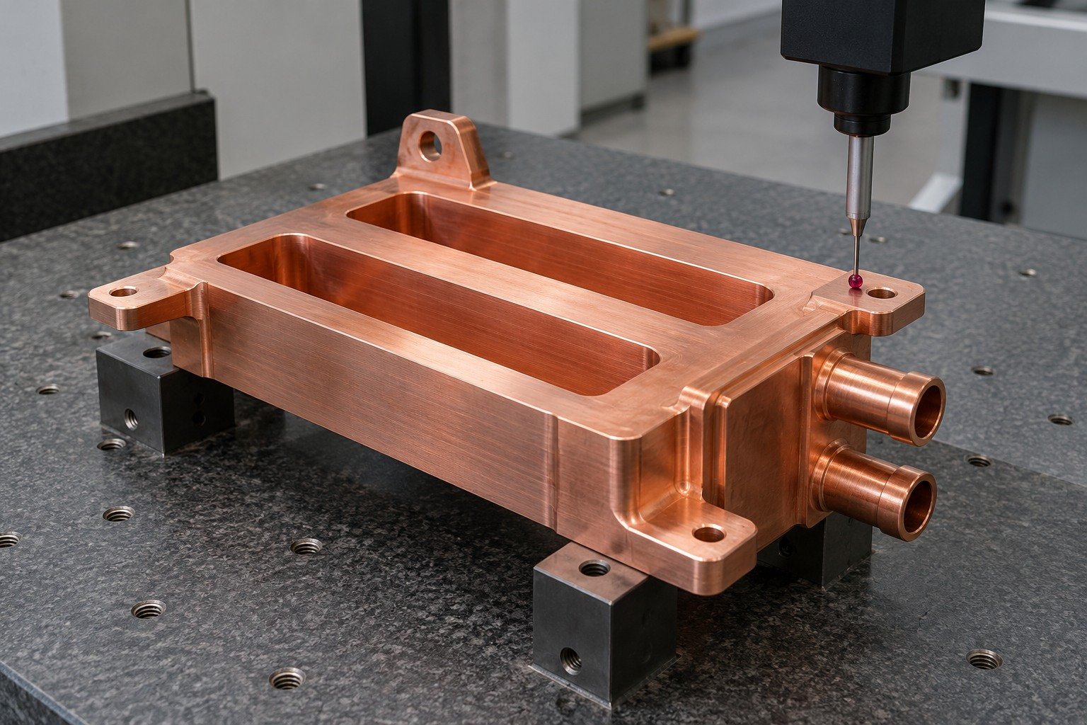 Datum inspection of a copper ribbed cooling insert — illustrative generated component concept