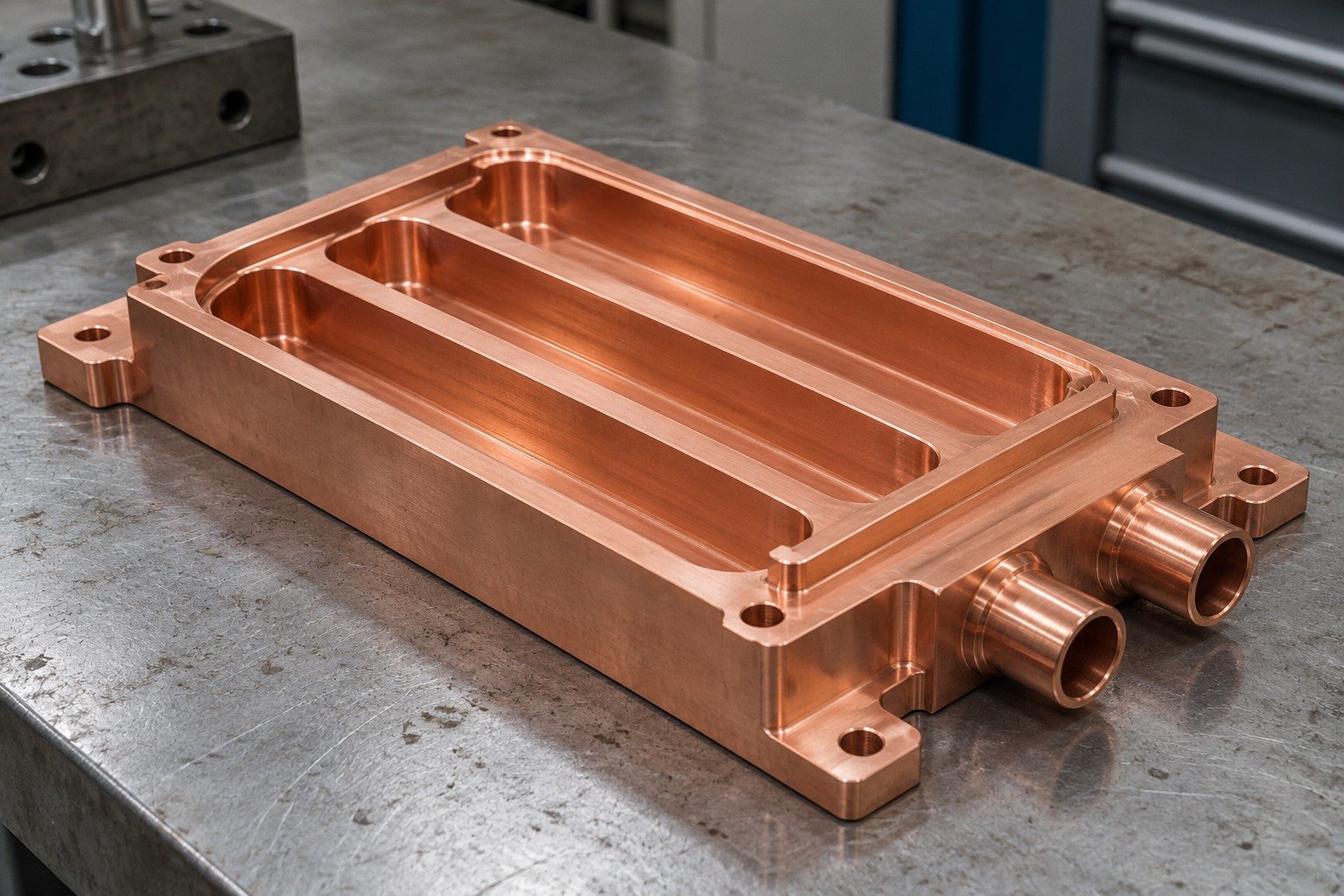 Salmon-copper thick rectangular cooling insert with three broad open channels, unequal mounting tabs, raised locating shoulder and two side ports — illustrative generated component concept