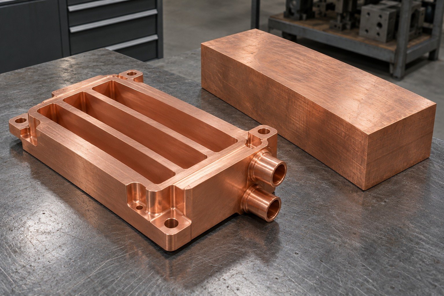 Copper ribbed cooling insert and separate stock blank — illustrative generated component concept