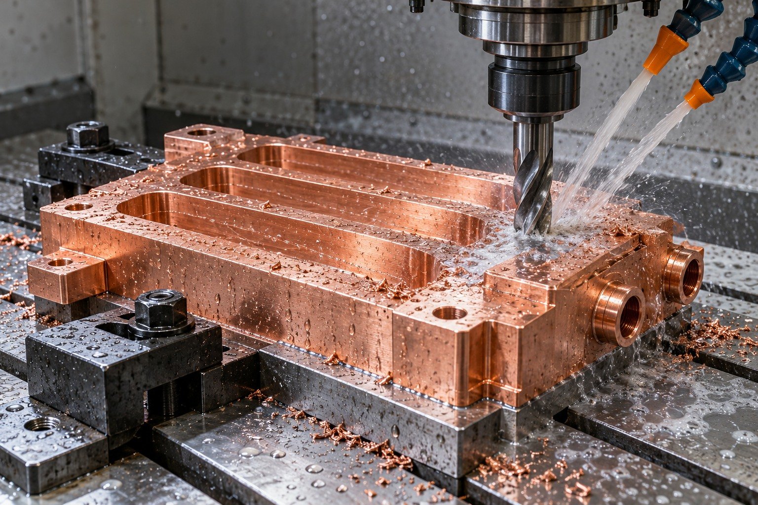 Supported wet machining of a copper ribbed cooling insert — illustrative generated component concept