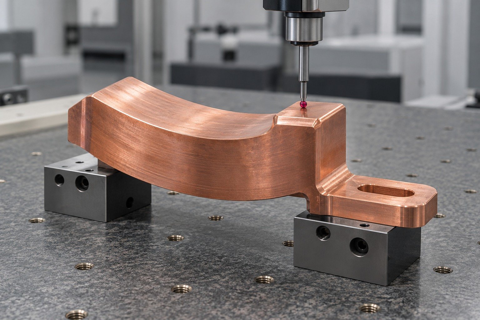 Final locating-datum inspection of a copper contact shoe — illustrative generated component concept