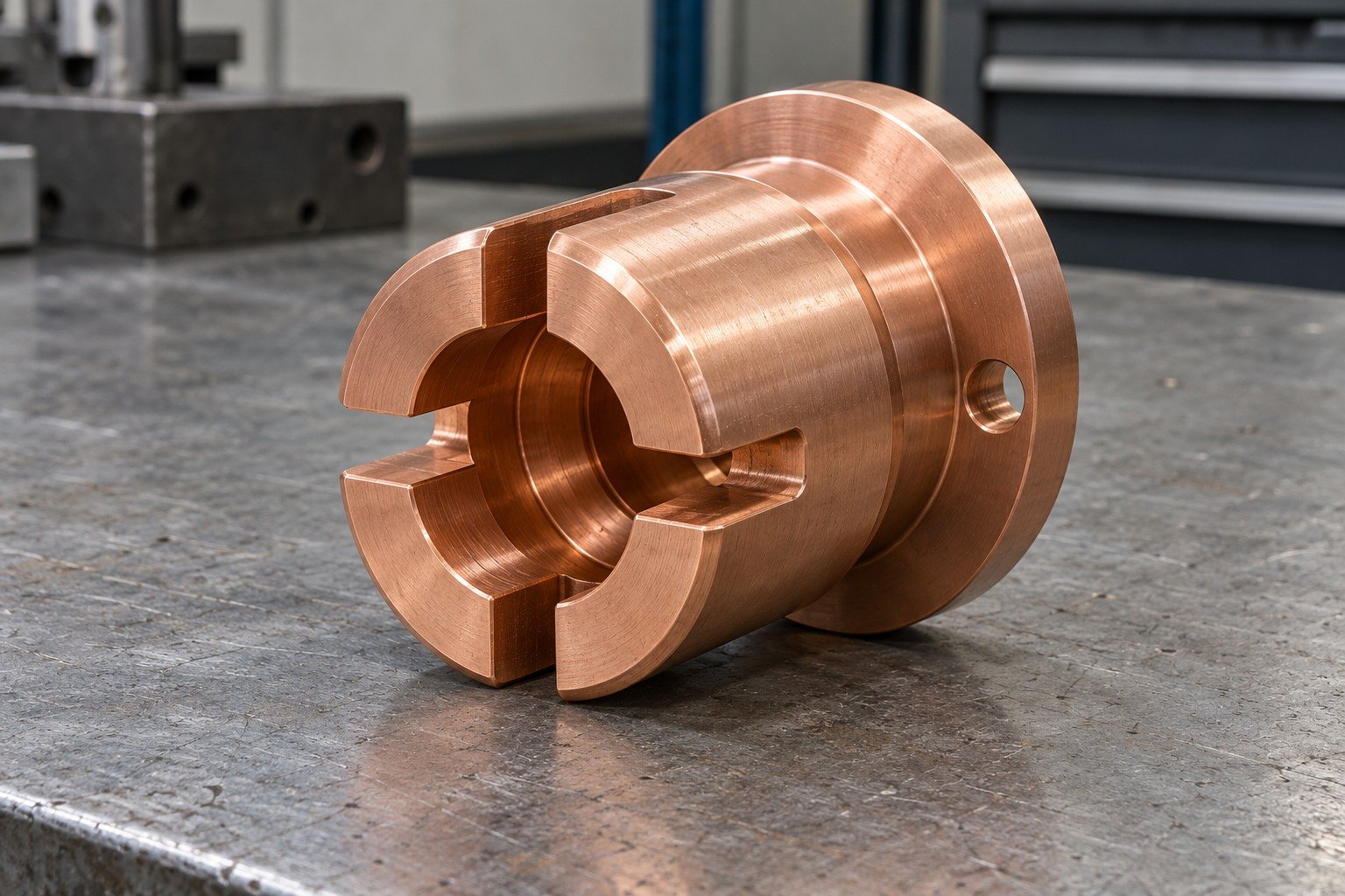 Pale warm copper short cylindrical slotted contact carrier with four thick rounded fingers, stepped rear bore, broad offset mounting flange and radial access hole — illustrative generated component concept