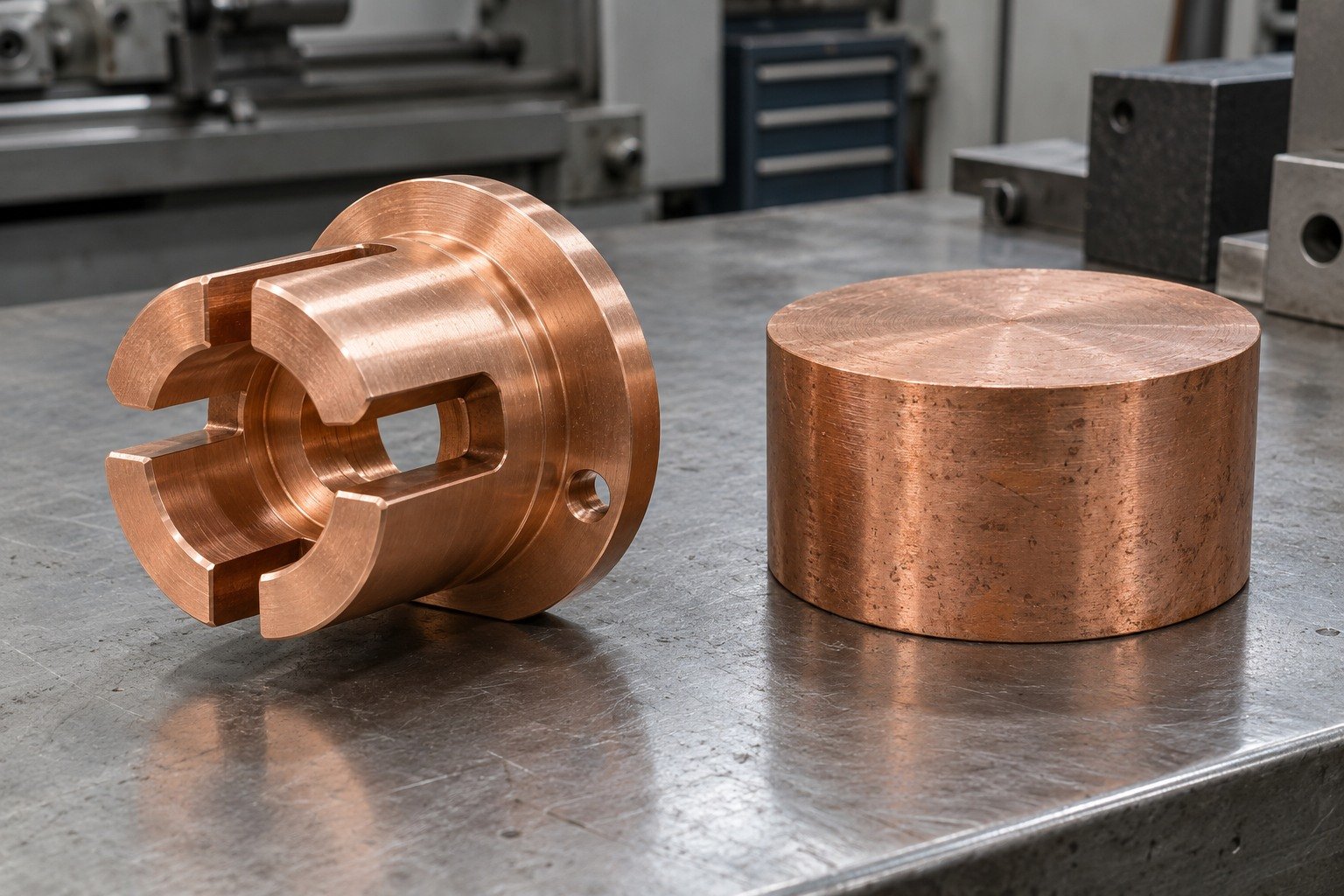 Copper slotted contact carrier and separate stock blank — illustrative generated component concept