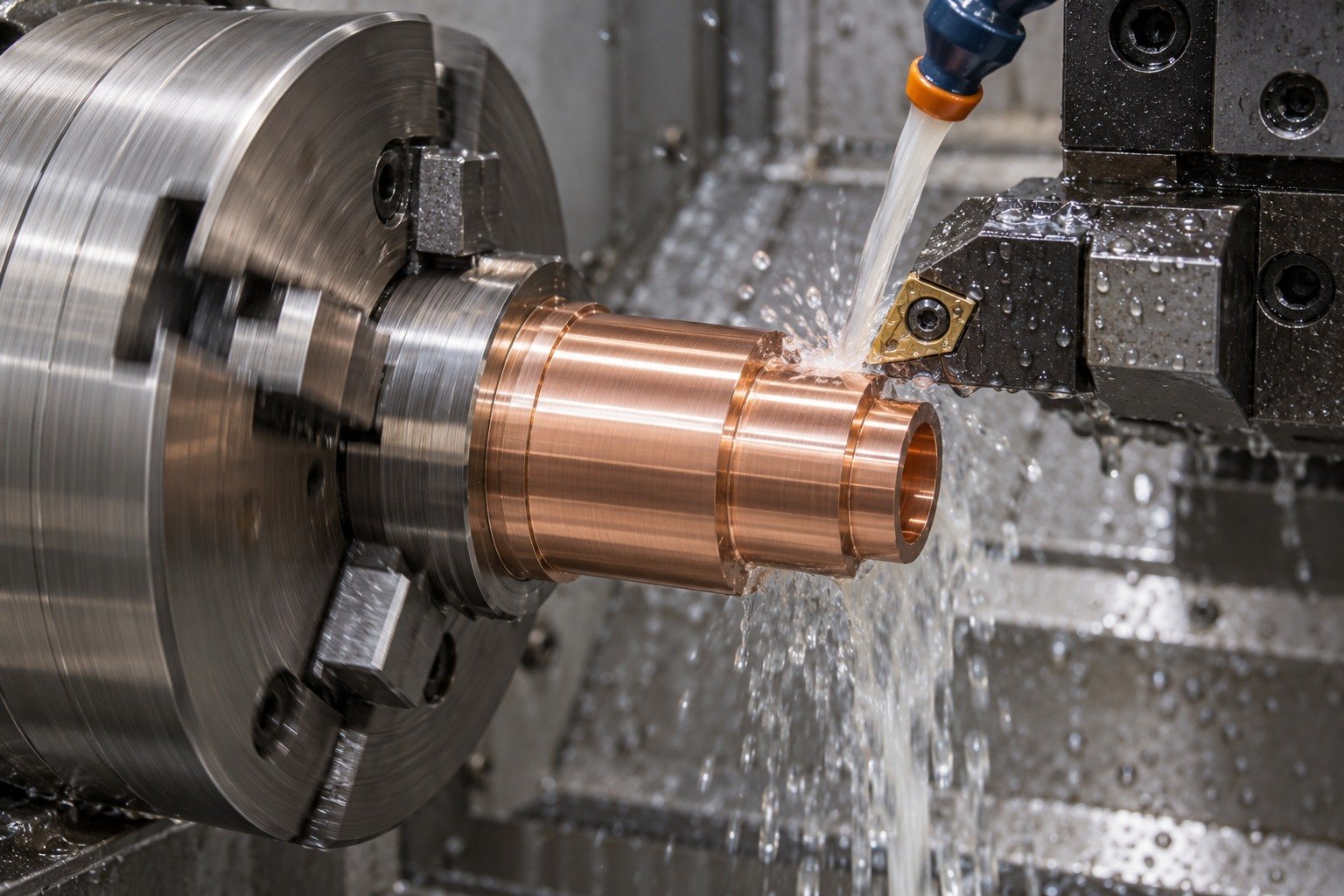 Wet turning of a supported copper contact sleeve — illustrative generated component concept