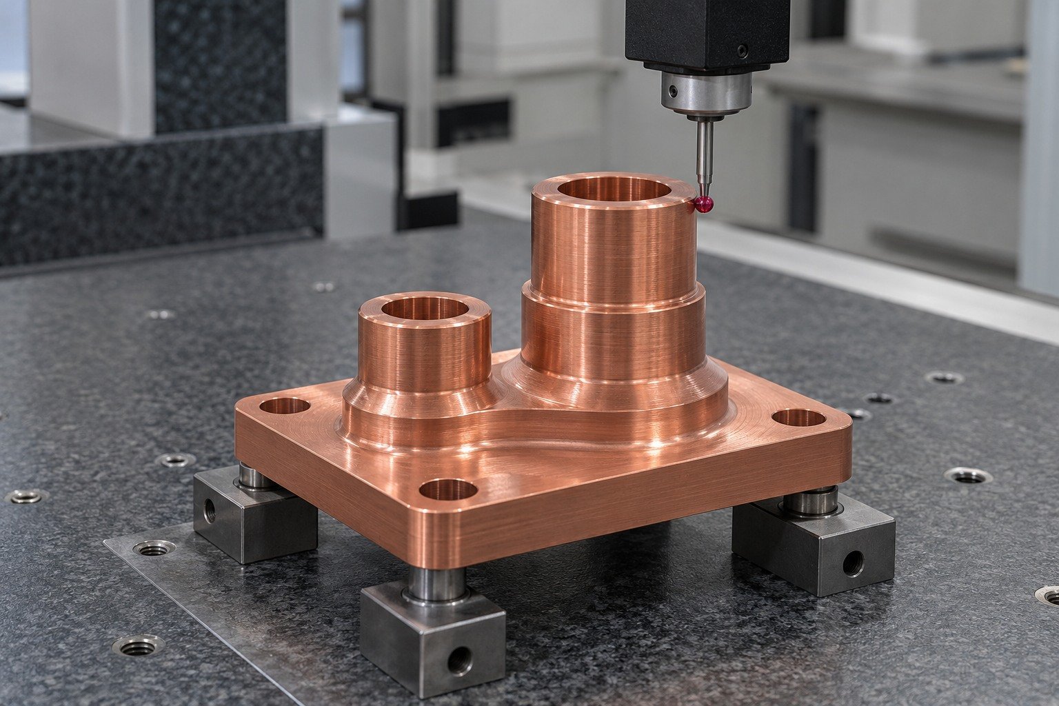 Final mounting-datum check of a copper two-port flange — illustrative generated component concept
