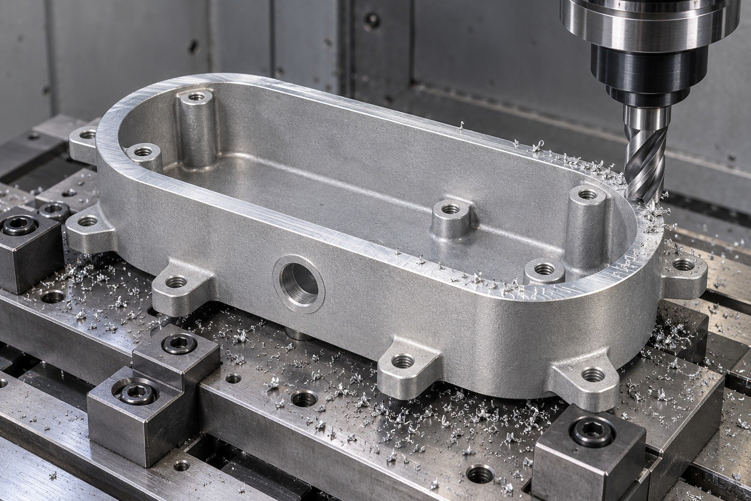 specialty zinc-alloy oblong junction enclosure machining concept — illustrative generated component concept