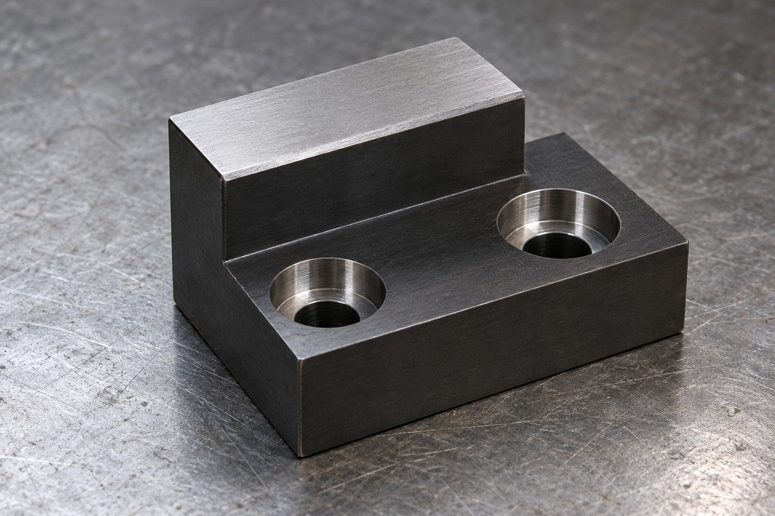 A small stepped mold support block with two counterbores, restrained matte black oxide exterior and bright locating shoulder, industrial catalog photograph. — illustrative generated component concept