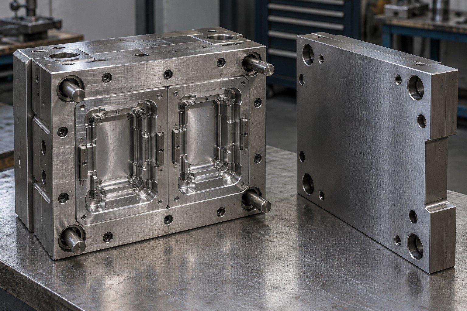 A thick two-impression mold block and a separate rectangular backing plate with offset mounting bores, broad supporting sections and clean ground locating faces. — illustrative generated component concept