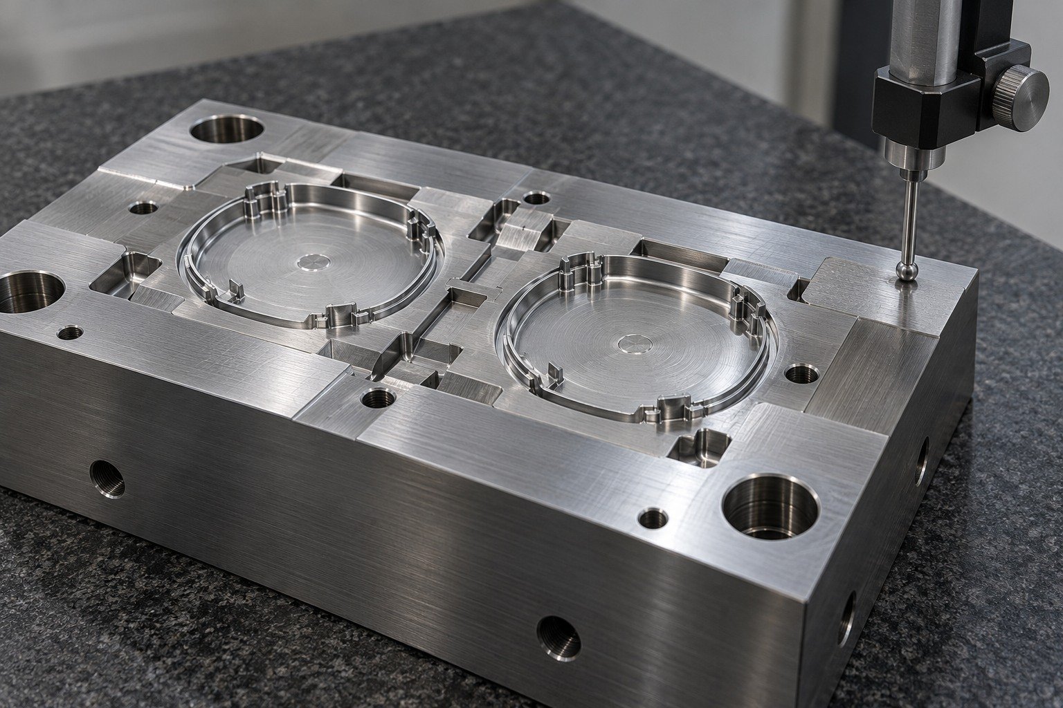 A plastic-mold block with two shallow end-cap cavities on granite, height-gauge stylus contacting the broad surrounding reference pad, no numeric display. — illustrative generated component concept