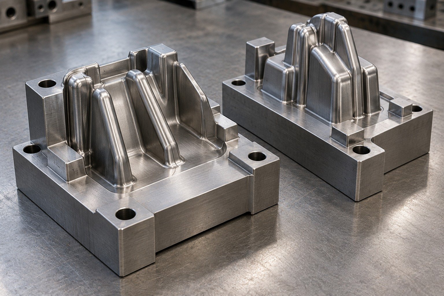 Two different plastic-mold core inserts with thick rounded ribs, broad mounting heels and raised fitting-stock pads, natural satin steel catalog scene. — illustrative generated component concept