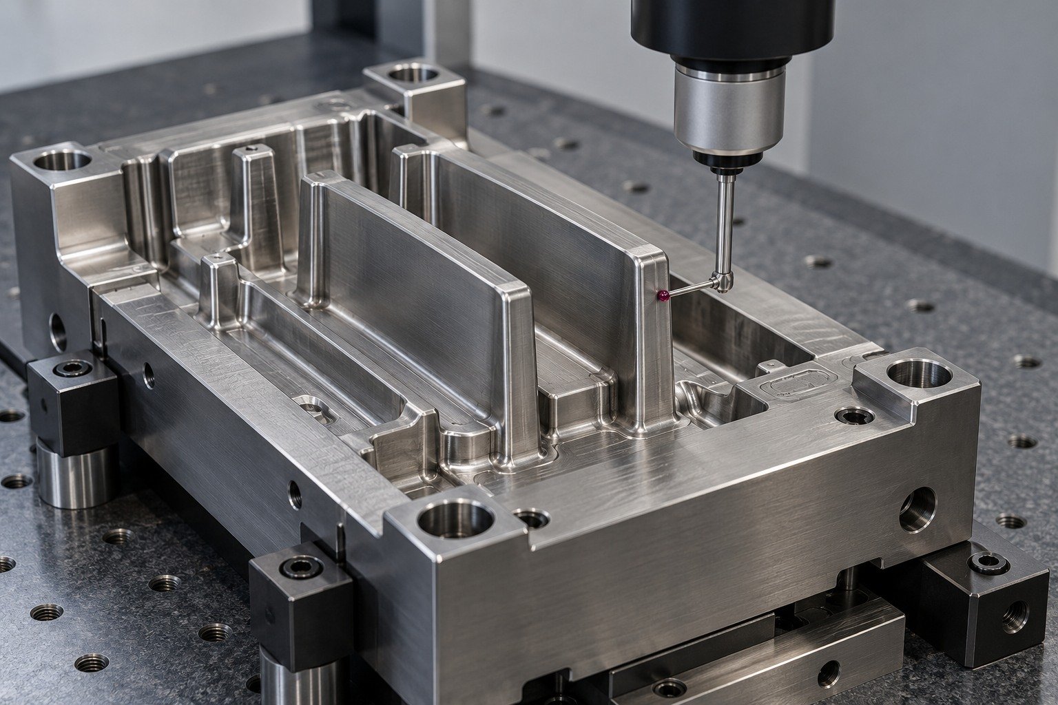 A ribbed mold core in a CMM fixture, slim ruby stylus touching an accessible broad rib side face with sufficient probe-head clearance. — illustrative generated component concept