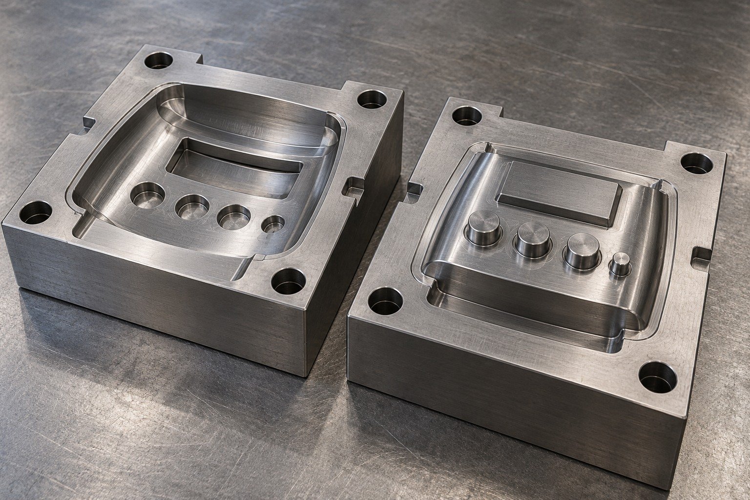 Two compact steel injection-mold inserts for a curved control-panel shell, one shallow scalloped cavity and one matching stepped core, broad parting lands and four mounting holes, credible accessible geometry. — illustrative generated component concept