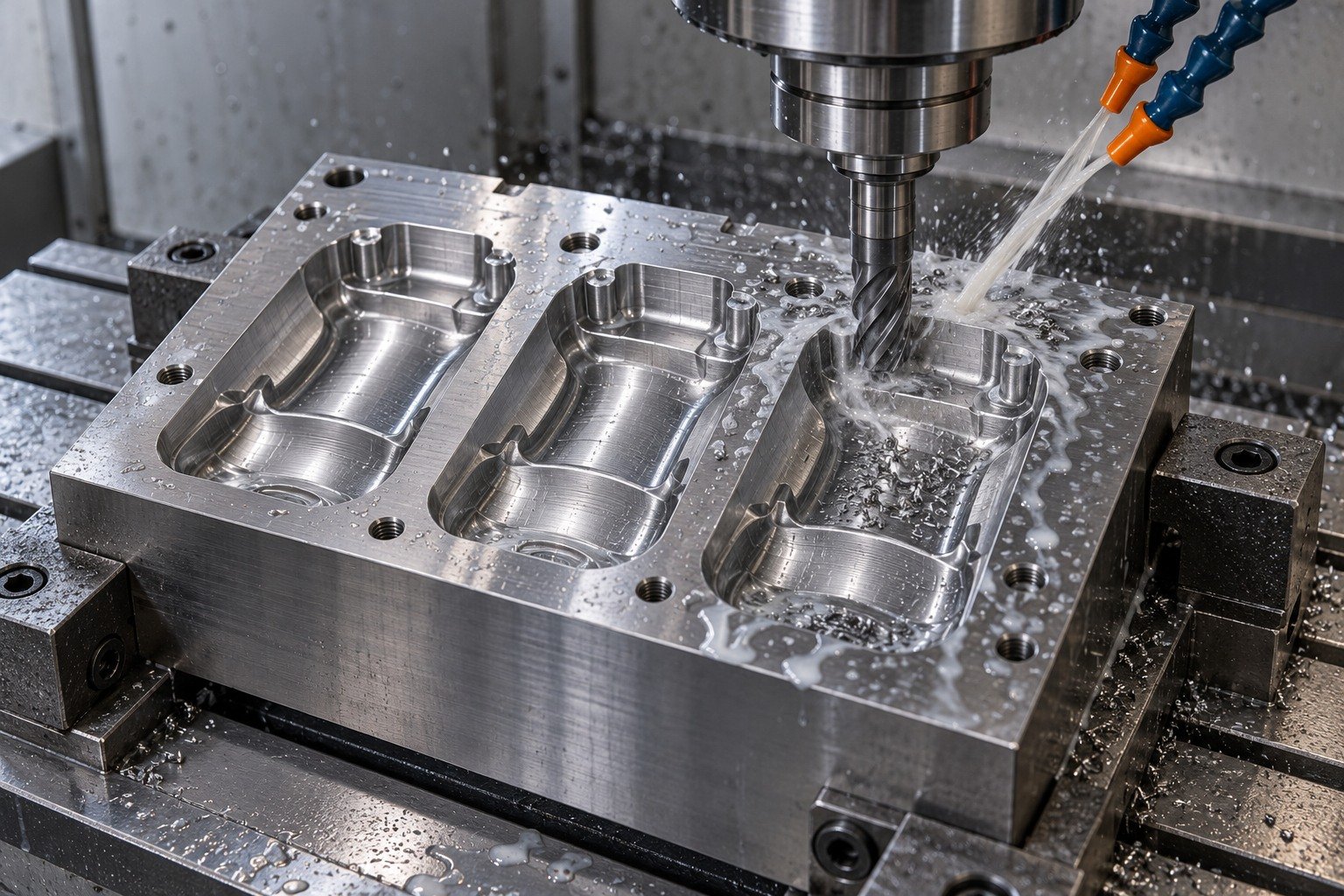 A three-impression plastic-mold cavity block in a milling vise, carbide end mill machining a broad accessible cavity with visible cutting fluid and short wet chips. — illustrative generated component concept