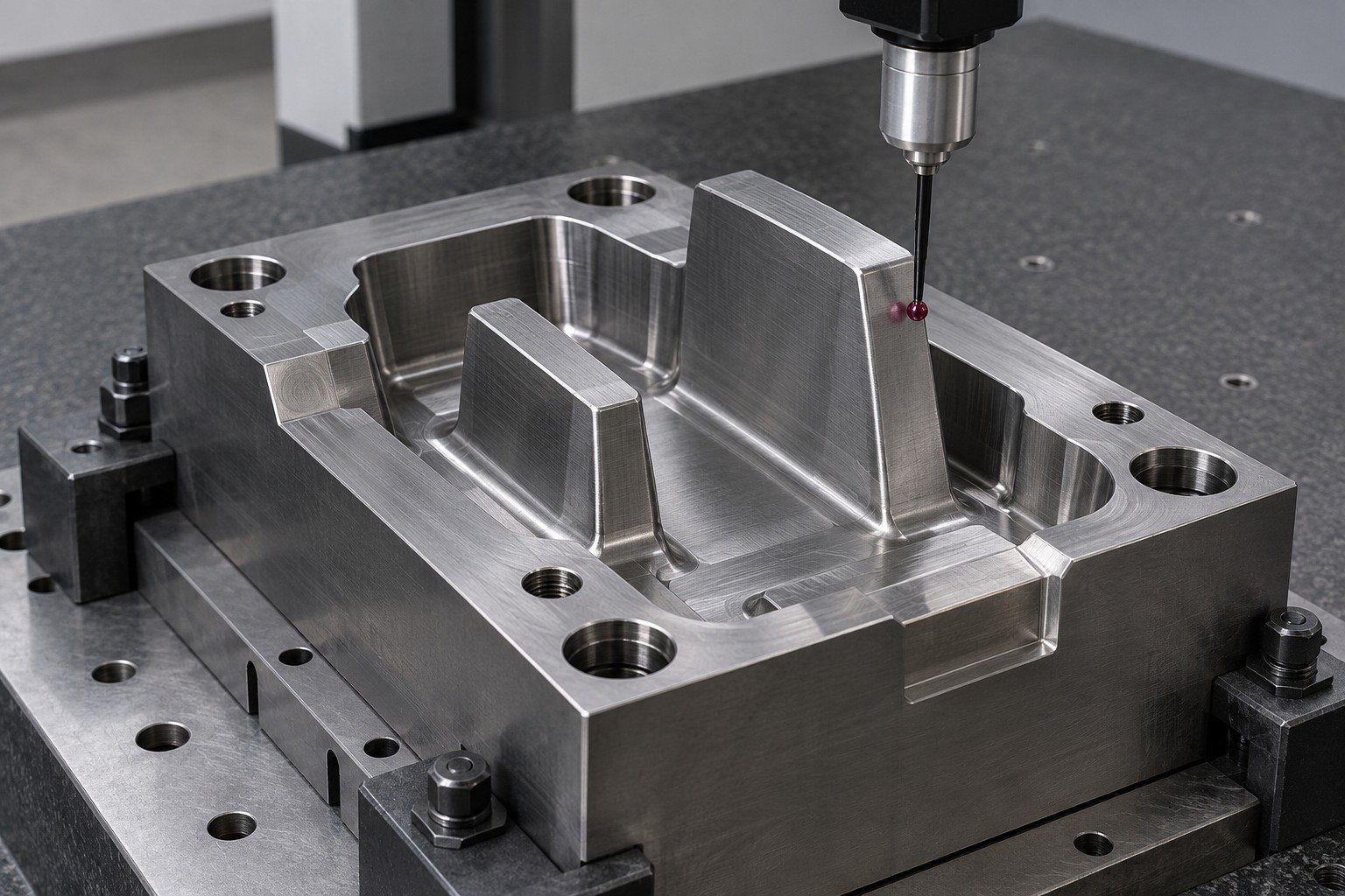 A finished plastic-mold core insert with two thick unequal ribs and offset mounting holes in a CMM fixture, ruby stylus contacting an accessible rib face. — illustrative generated component concept