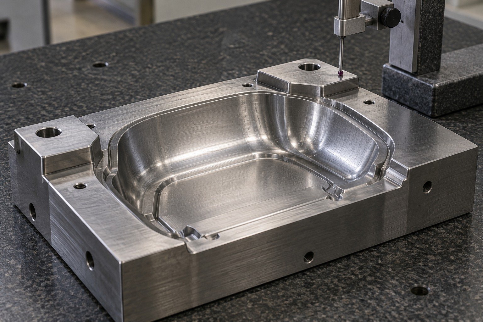 A first-machined shallow shell cavity insert with three broad datum pads on granite, height-gauge stylus physically touching upper mounting pad, no readout. — illustrative generated component concept
