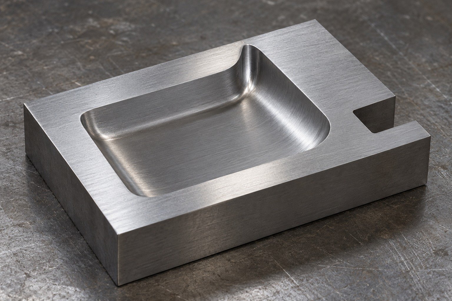 A thick tooling coupon with shallow curved recess and offset mounting notch, uniform fine ground texture across broad reference land, natural steel finish. — illustrative generated component concept