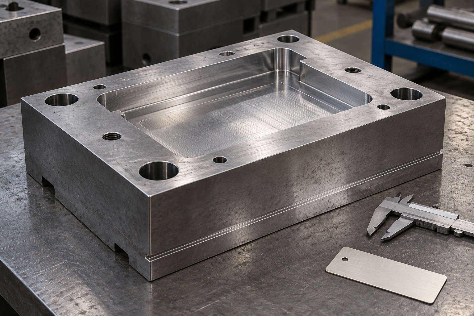A thick rectangular mold block with a shallow locating step on receiving bench, caliper adjacent and blank inventory tag, no numbers. — illustrative generated component concept