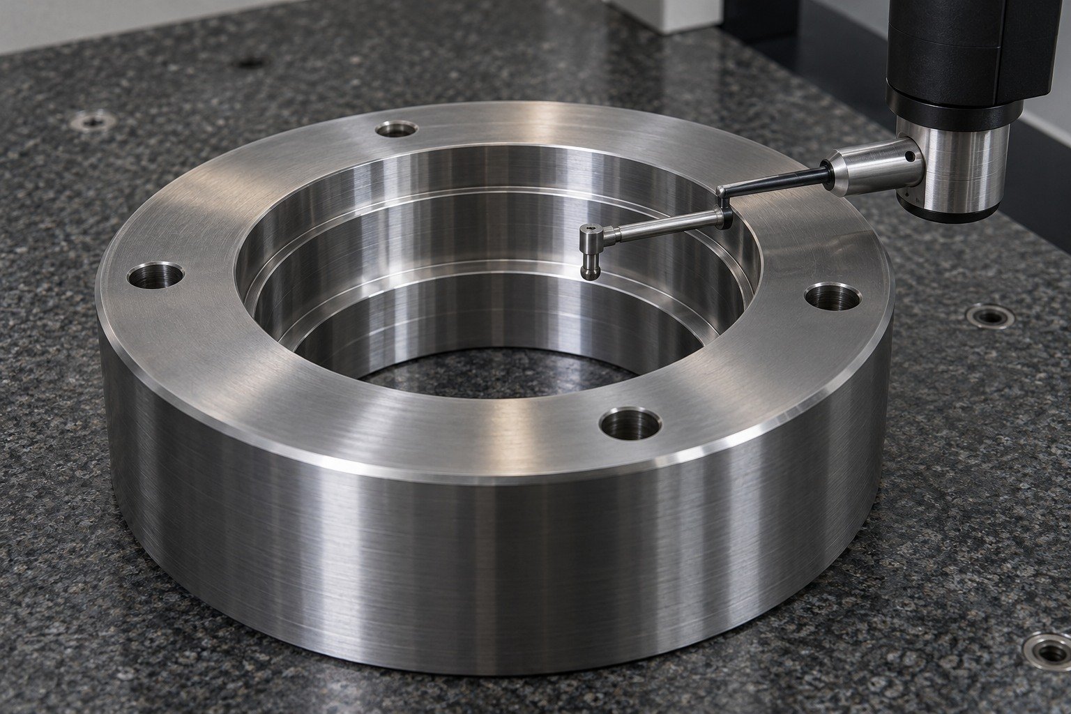 A thick mold locating ring on granite, compact bore-gauge contacts inside its accessible stepped bore, no human hands or numerical readout. — illustrative generated component concept