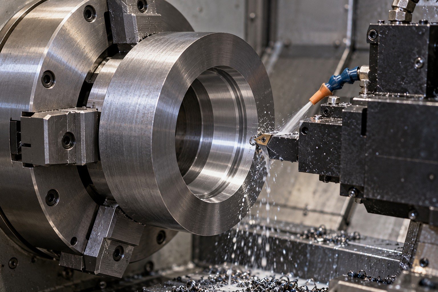 A thick mold locating ring securely held in a lathe chuck, carbide tool machining the accessible stepped bore with localized cutting fluid and short wet chips. — illustrative generated component concept