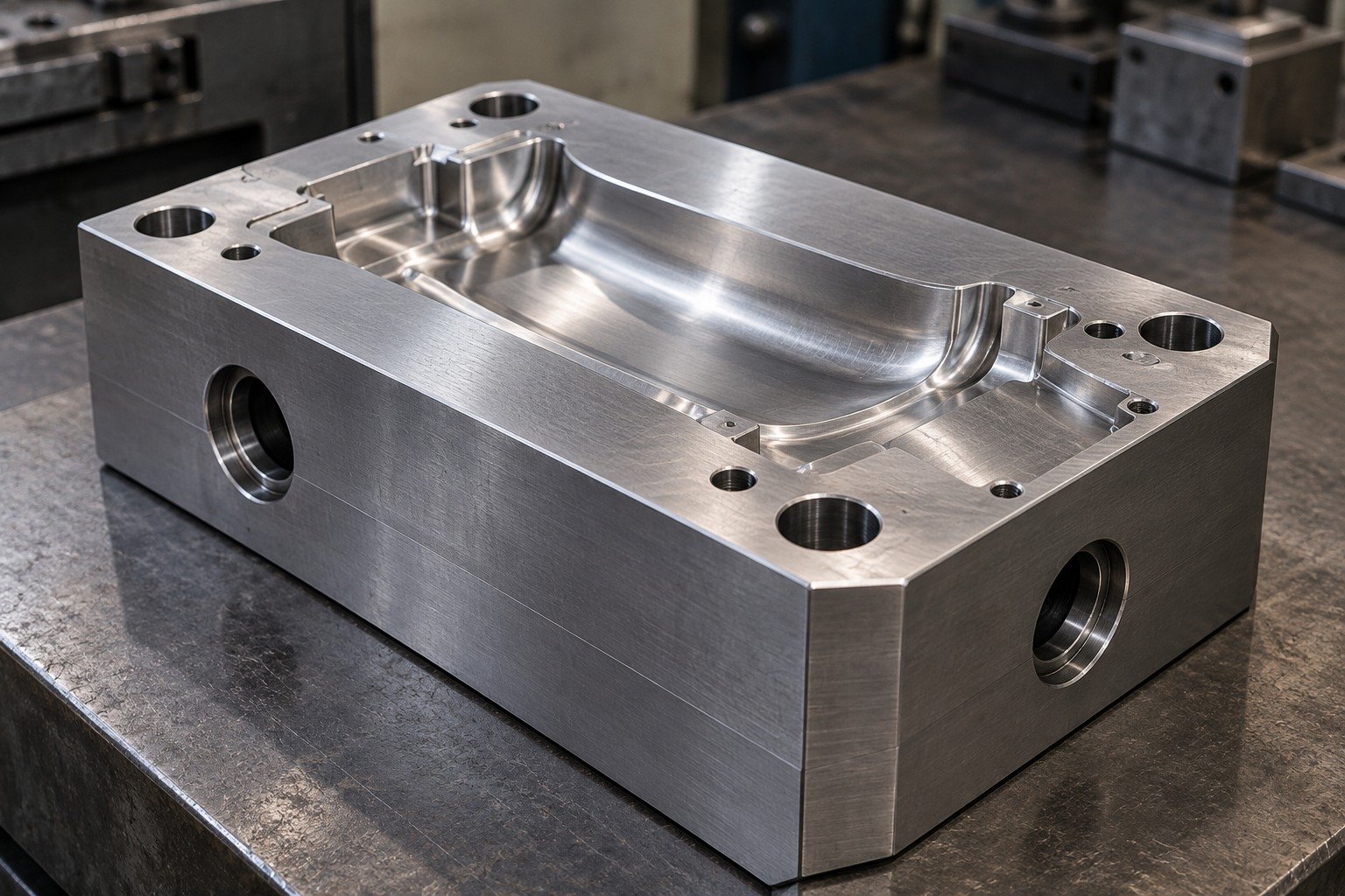 A plastic-mold insert with two accessible side port bores, a shallow curved cavity and broad ground datum planes, clean credible drilled passage openings only. — illustrative generated component concept