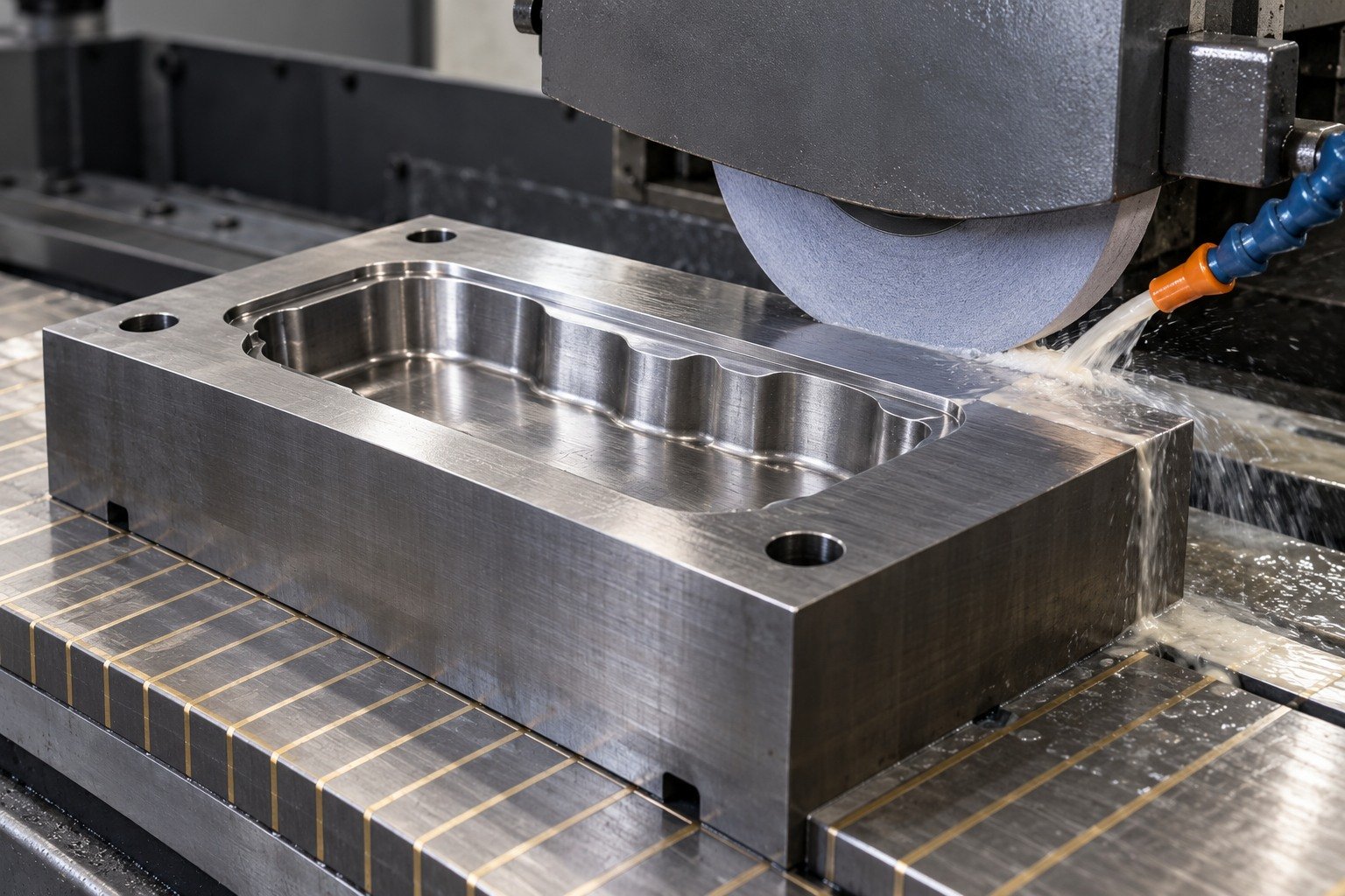 A thick mold insert with shallow scalloped cavity on a magnetic chuck under a guarded surface-grinding wheel, visible narrow wheel segment contacting broad surrounding datum land with localized coolant. — illustrative generated component concept